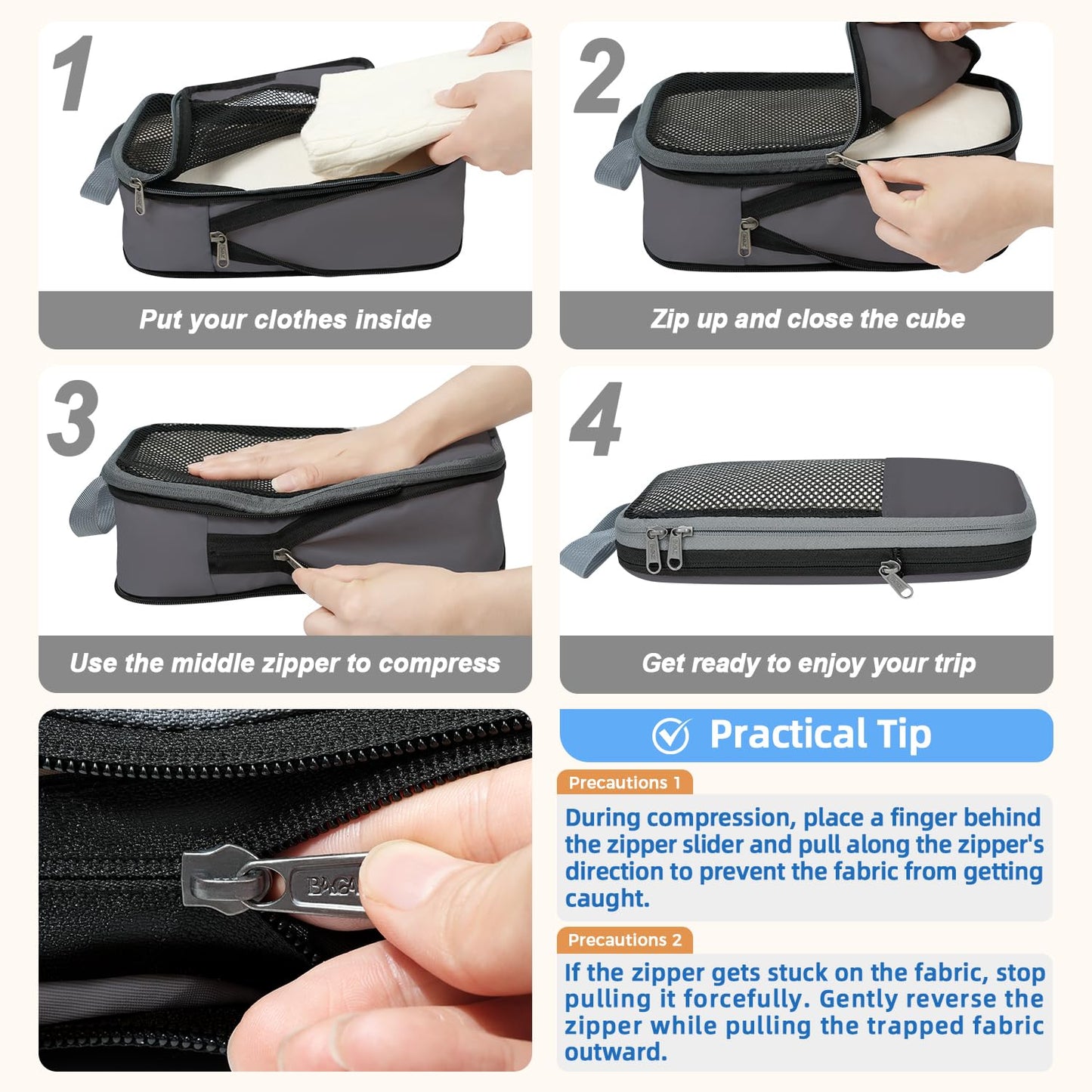 BAGAIL 4 Set/6 Set/8 Set Compression Packing Cubes Travel Accessories Expandable Packing Organizers (Half Mesh, 6-Black)