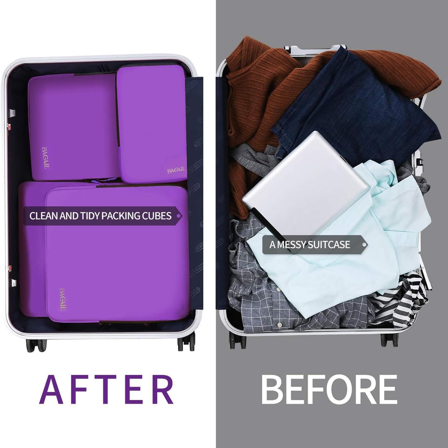 BAGAIL 4 Set/6 Set/8 Set Compression Packing Cubes Travel Accessories Expandable Packing Organizers (Half Mesh, 6-Black)