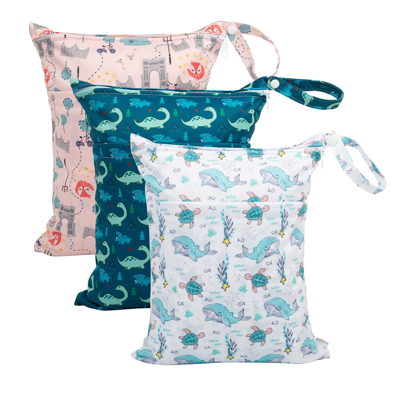 babygoal Wet Dry Bags 3 Pack, Waterproof Reusable Travel Bags for Swimsuits, Baby Cloth Diapers, Beach, Pool, Gym Bag & Wet Clothes with 2 Pockets L-BWG