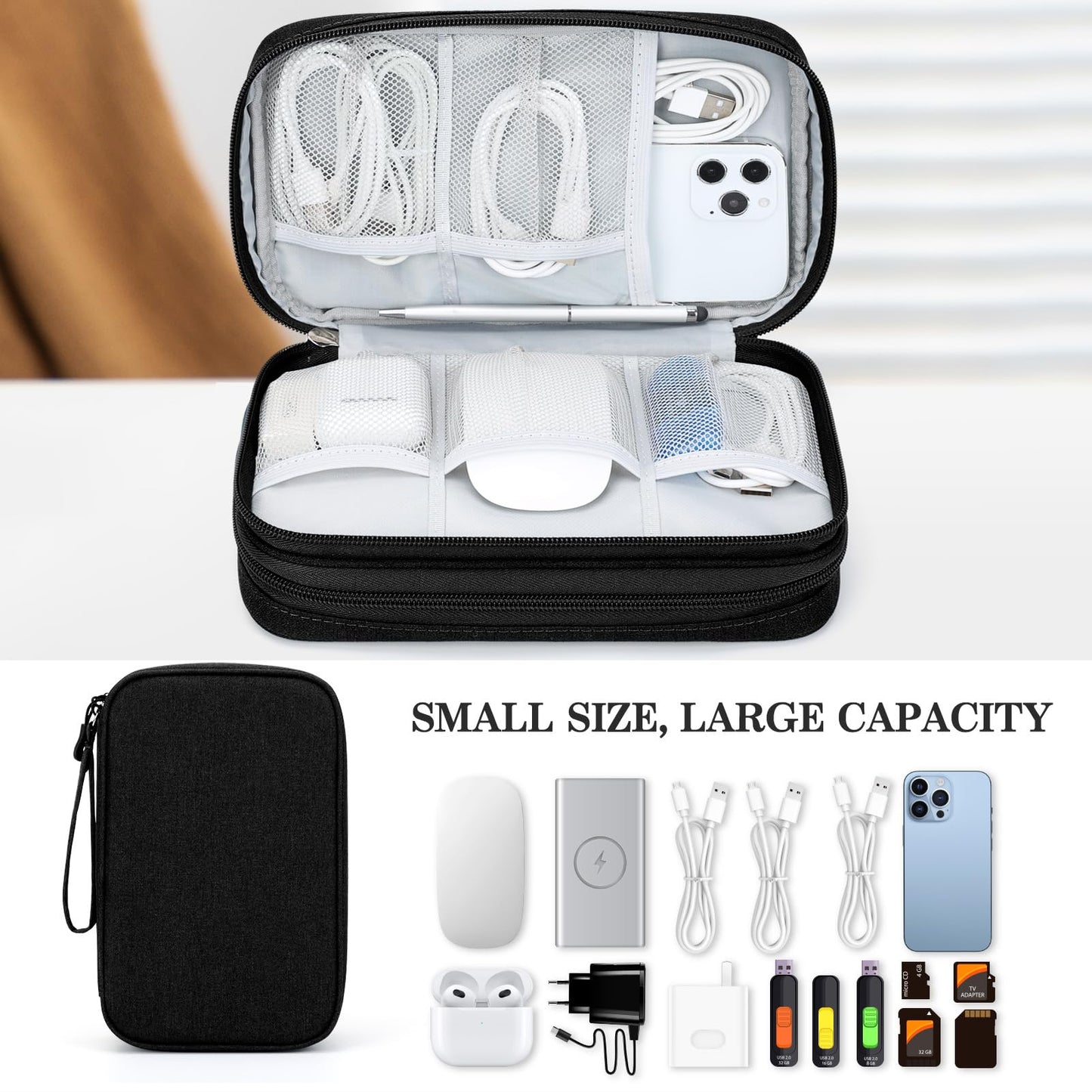 FYY Travel Cable Organizer Pouch Electronic Accessories Carry Case Portable Waterproof Double Layers All-in-One Storage Bag for Cord, Charger, Phone, Earphone Black