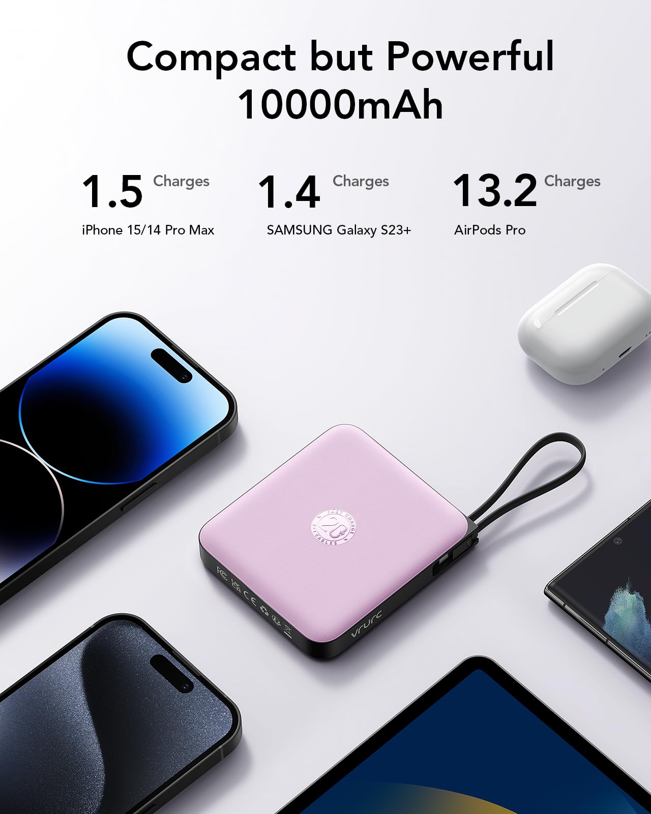 VRURC Portable Charger with Built-in Cable, 10000mAh 22.5W Fast Charging USB C Battery Pack, Cell Phone Power Bank for iPhone 17 16 15 Samsung Galaxy S25 S24 S23 Series Android Tablet, Black(1 Pack)