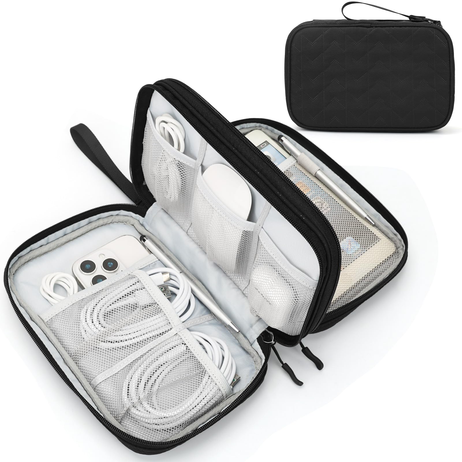 FYY Travel Cable Organizer Pouch Electronic Accessories Carry Case Portable Waterproof Double Layers All-in-One Storage Bag for Cord, Charger, Phone, Earphone Black