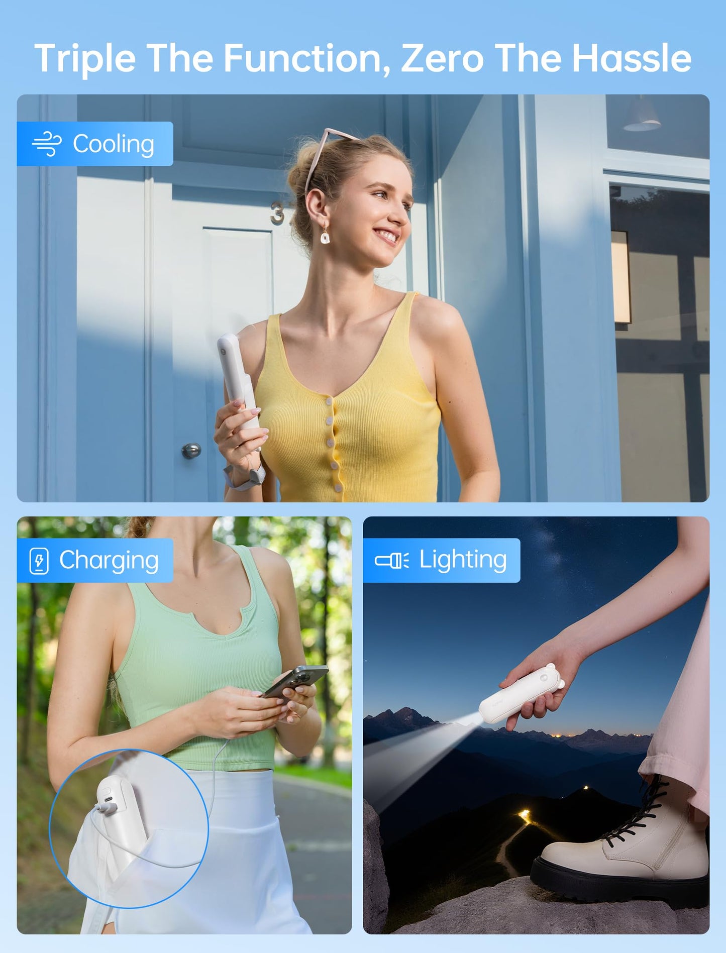 JISULIFE Handheld Mini Fan, 3 IN 1 USB Rechargeable Portable Fan [12-19 Working Hours] with Power Bank, Flashlight, Pocket Design for Travel/Summer/Concerts/Lash, Gifts for Women(Green)