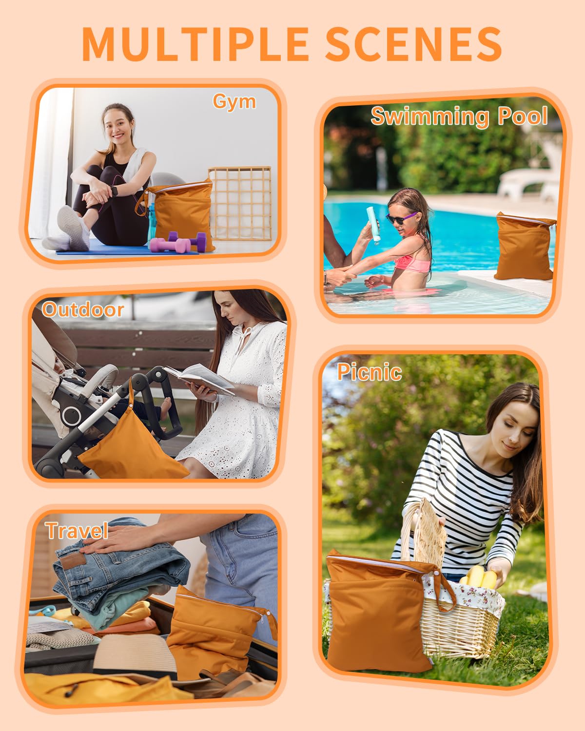 babygoal Wet Dry Bags 3 Pack, Waterproof Reusable Travel Bags for Swimsuits, Baby Cloth Diapers, Beach, Pool, Gym Bag & Wet Clothes with 2 Pockets L-BWG