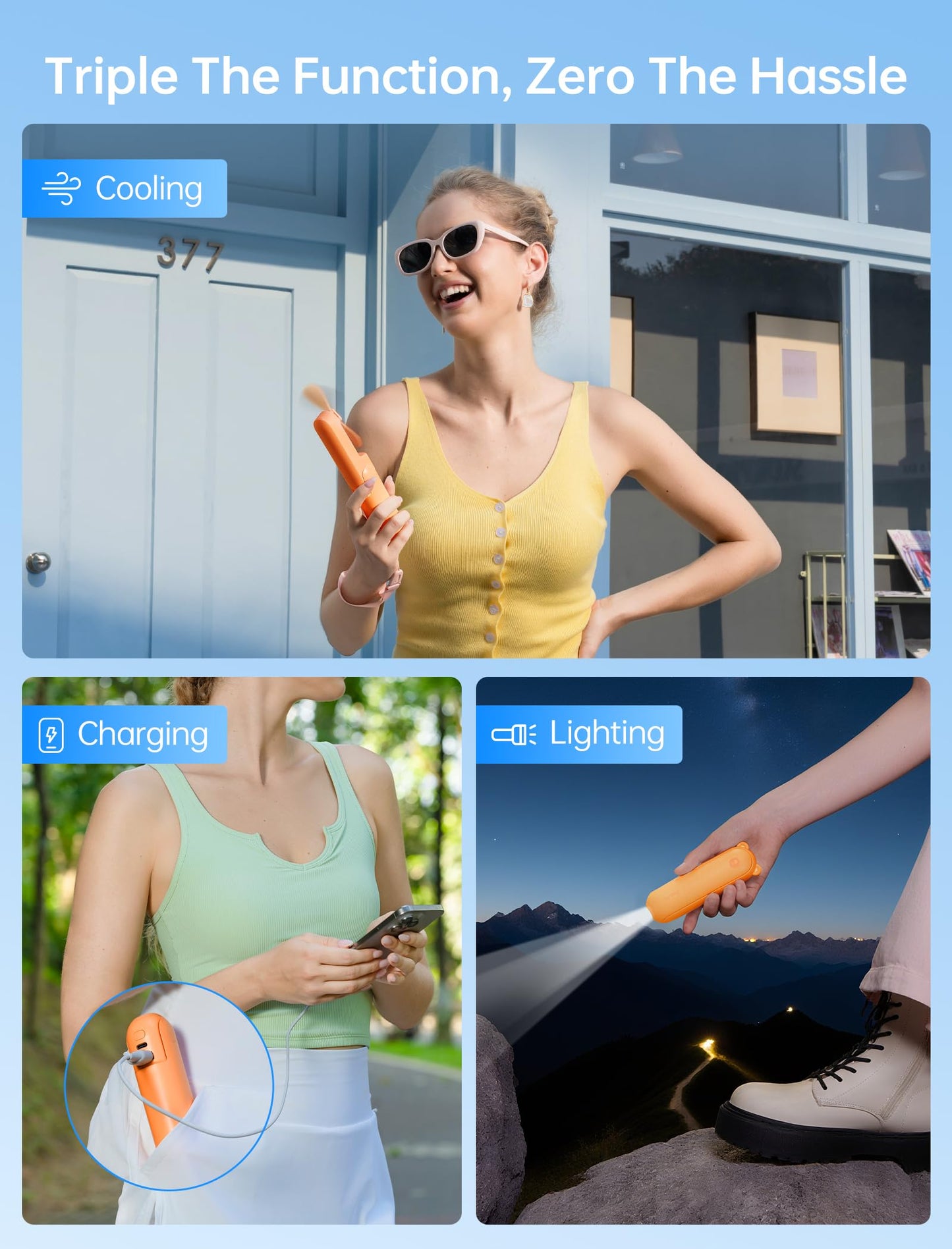 JISULIFE Handheld Mini Fan, 3 IN 1 USB Rechargeable Portable Fan [12-19 Working Hours] with Power Bank, Flashlight, Pocket Design for Travel/Summer/Concerts/Lash, Gifts for Women(Green)