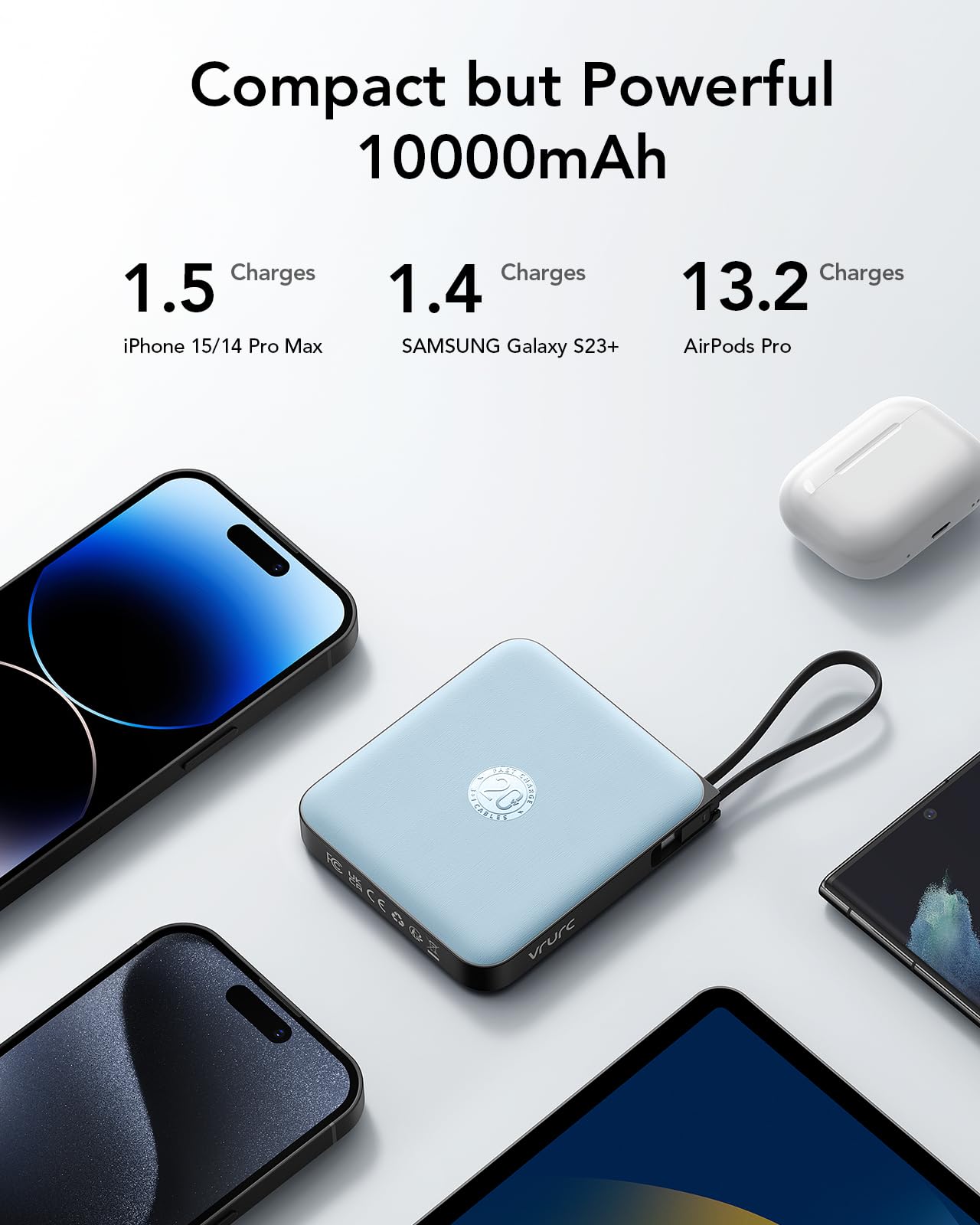 VRURC Portable Charger with Built-in Cable, 10000mAh 22.5W Fast Charging USB C Battery Pack, Cell Phone Power Bank for iPhone 17 16 15 Samsung Galaxy S25 S24 S23 Series Android Tablet, Black(1 Pack)