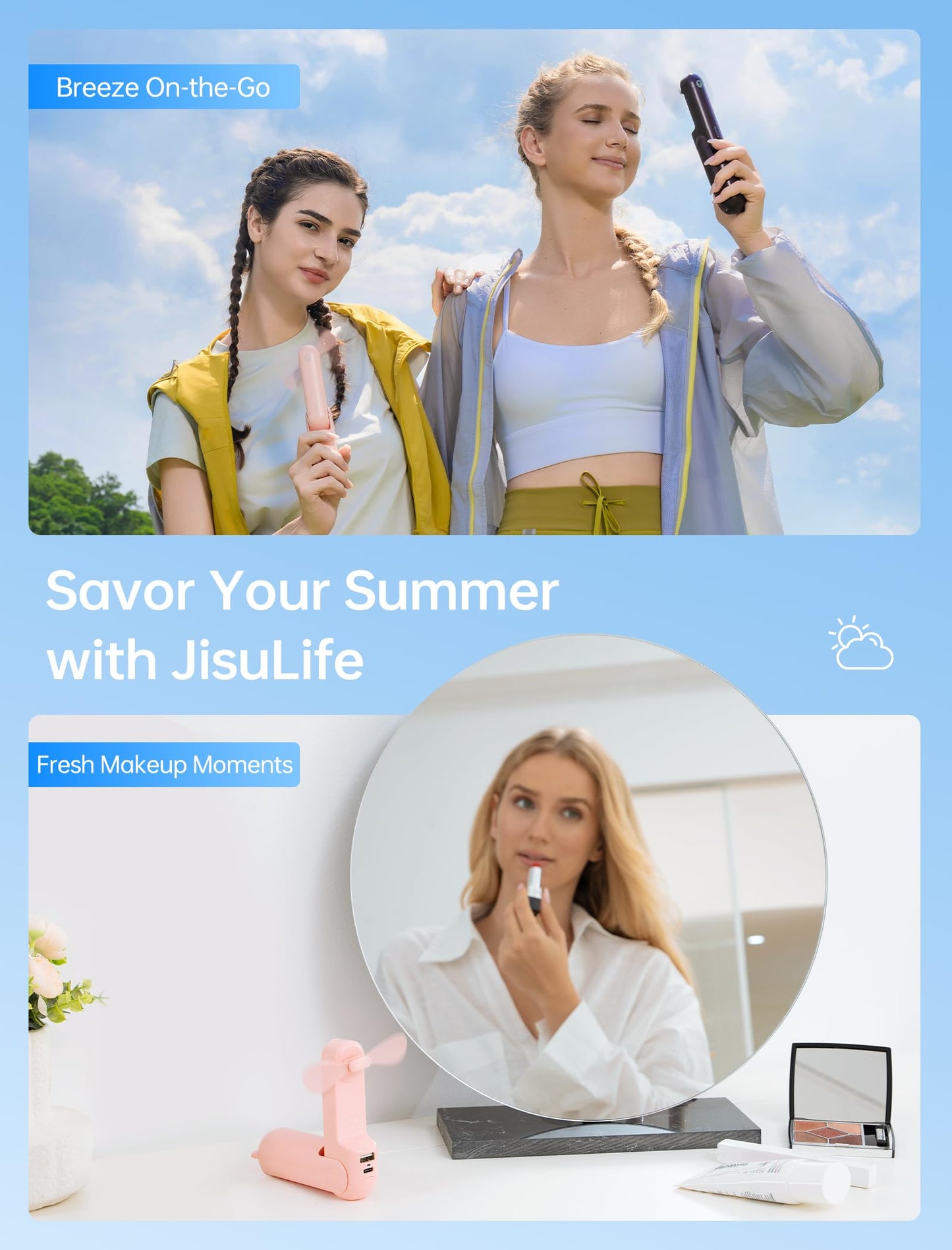 JISULIFE Handheld Mini Fan, 3 IN 1 USB Rechargeable Portable Fan [12-19 Working Hours] with Power Bank, Flashlight, Pocket Design for Travel/Summer/Concerts/Lash, Gifts for Women(Green)