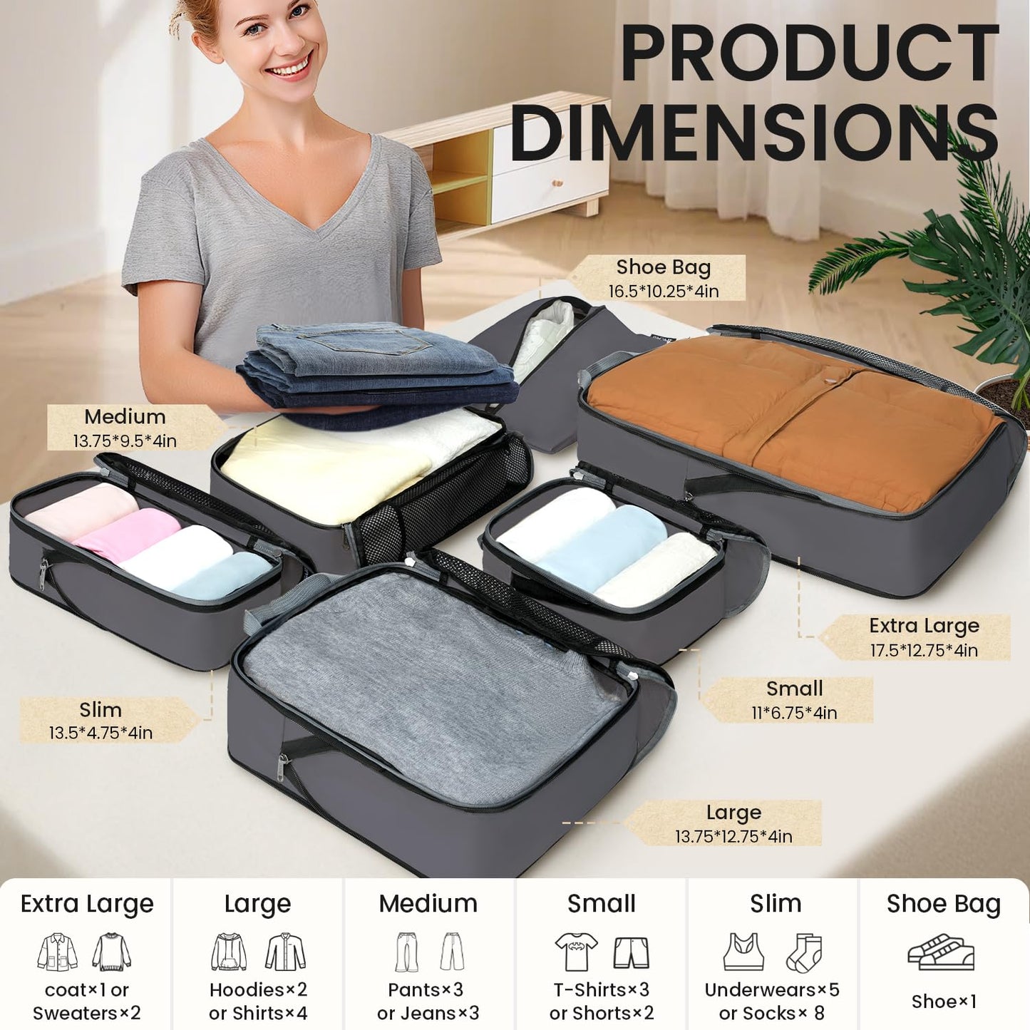 BAGAIL 4 Set/6 Set/8 Set Compression Packing Cubes Travel Accessories Expandable Packing Organizers (Half Mesh, 6-Black)