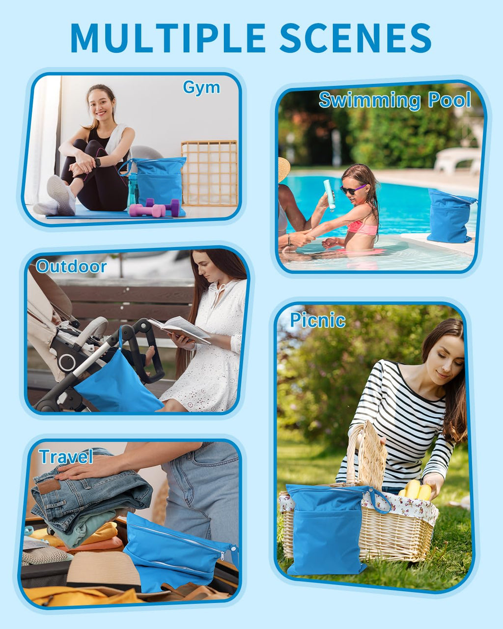 babygoal Wet Dry Bags 3 Pack, Waterproof Reusable Travel Bags for Swimsuits, Baby Cloth Diapers, Beach, Pool, Gym Bag & Wet Clothes with 2 Pockets L-BWG