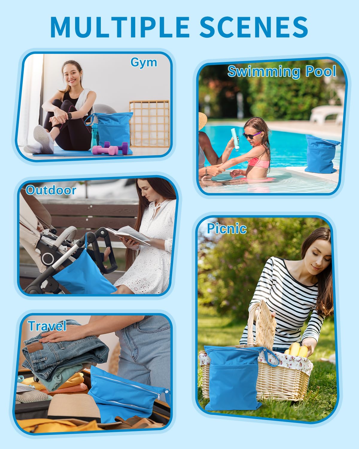 babygoal Wet Dry Bags 3 Pack, Waterproof Reusable Travel Bags for Swimsuits, Baby Cloth Diapers, Beach, Pool, Gym Bag & Wet Clothes with 2 Pockets L-BWG