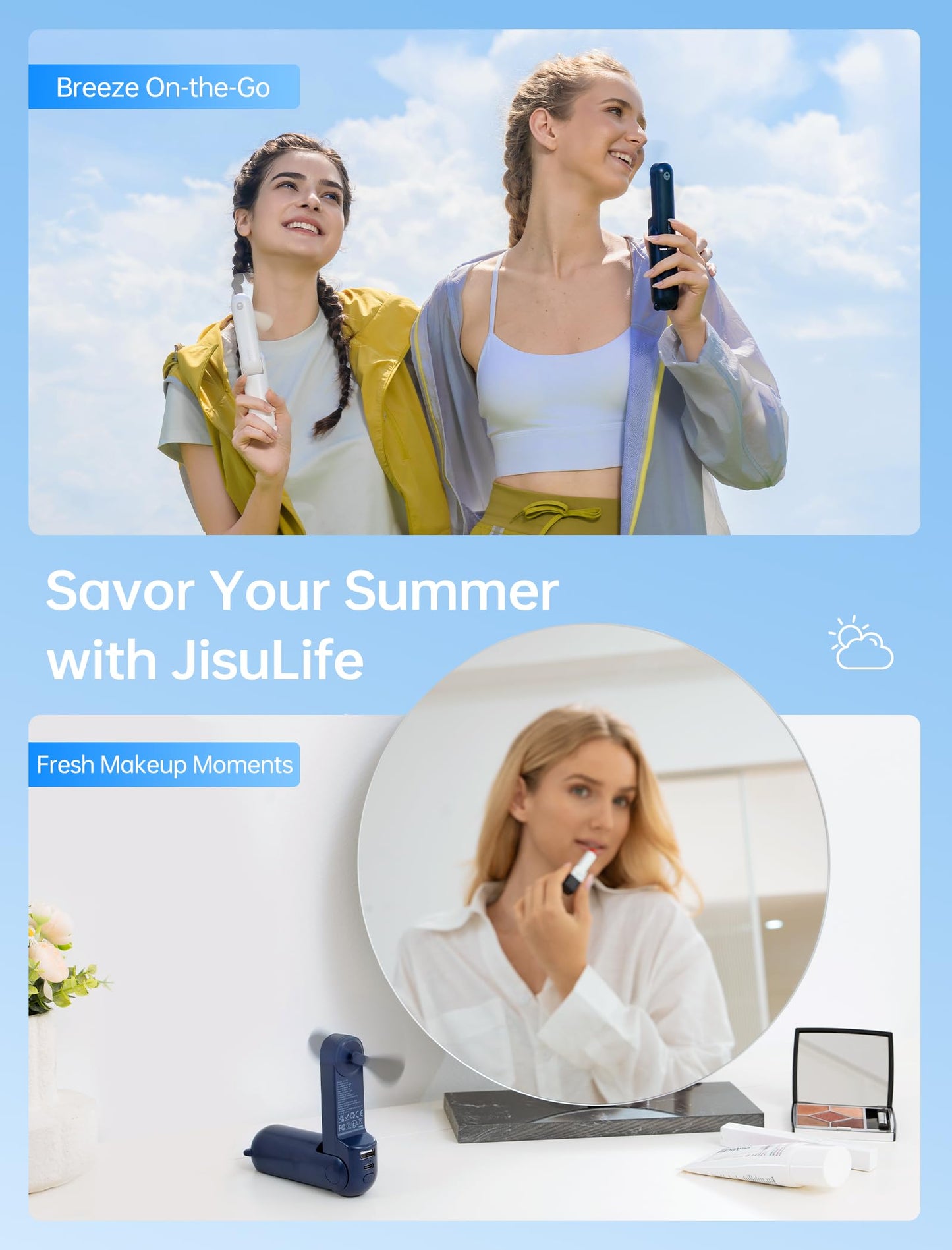 JISULIFE Handheld Mini Fan, 3 IN 1 USB Rechargeable Portable Fan [12-19 Working Hours] with Power Bank, Flashlight, Pocket Design for Travel/Summer/Concerts/Lash, Gifts for Women(Green)