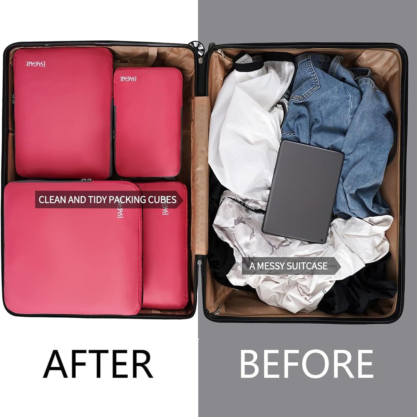 BAGAIL 4 Set/6 Set/8 Set Compression Packing Cubes Travel Accessories Expandable Packing Organizers (Half Mesh, 6-Black)