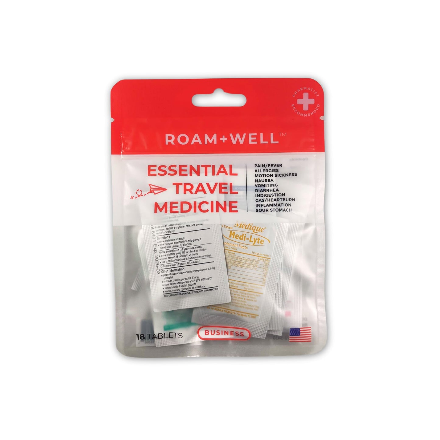 Essential Travel Medicine Kit, OTC Travel Medication, TSA Approved (Business | 18 Tablets)