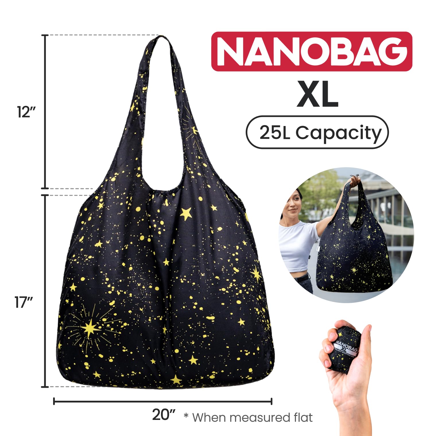 Nanobag Ultra-Lightweight Foldable Tote for Women & Men, Reusable Grocery & Travel Bag, Packable Collapsible Compact Market Essential (Standard Black)