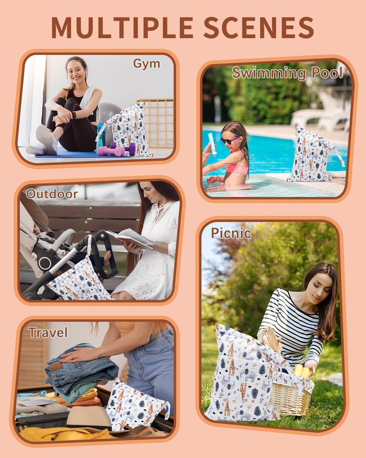 babygoal Wet Dry Bags 3 Pack, Waterproof Reusable Travel Bags for Swimsuits, Baby Cloth Diapers, Beach, Pool, Gym Bag & Wet Clothes with 2 Pockets L-BWG