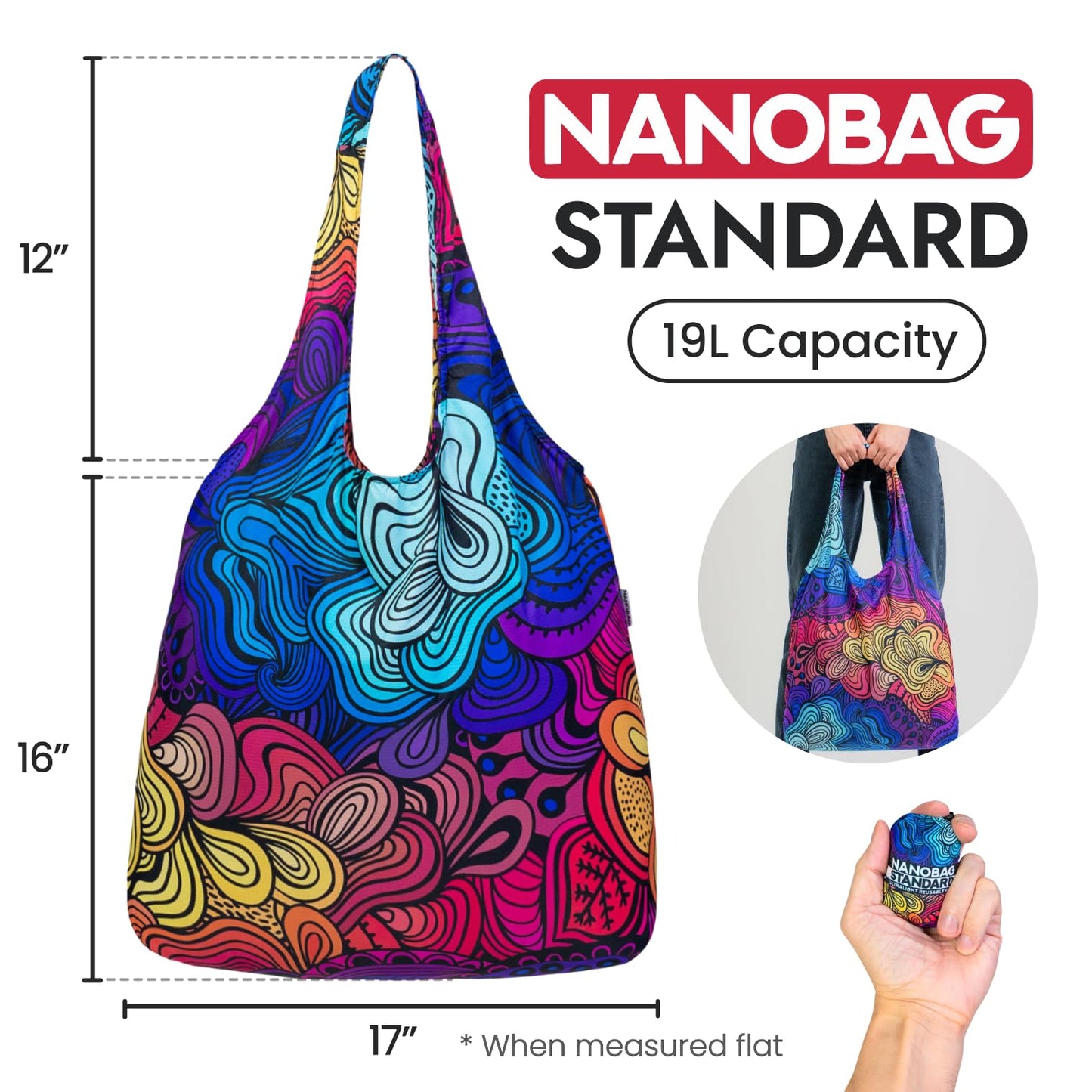 Nanobag Ultra-Lightweight Foldable Tote for Women & Men, Reusable Grocery & Travel Bag, Packable Collapsible Compact Market Essential (Standard Black)