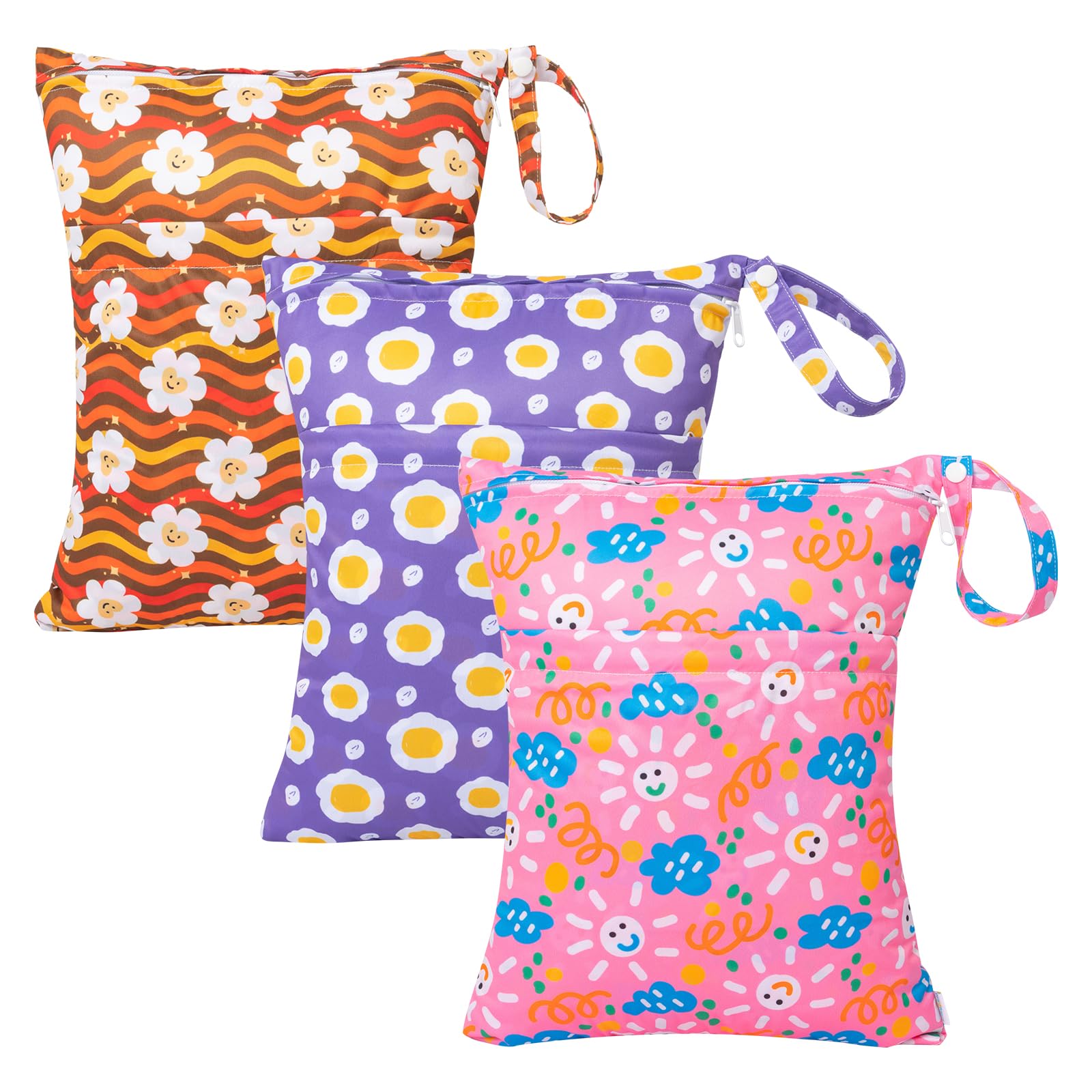 babygoal Wet Dry Bags 3 Pack, Waterproof Reusable Travel Bags for Swimsuits, Baby Cloth Diapers, Beach, Pool, Gym Bag & Wet Clothes with 2 Pockets L-BWG