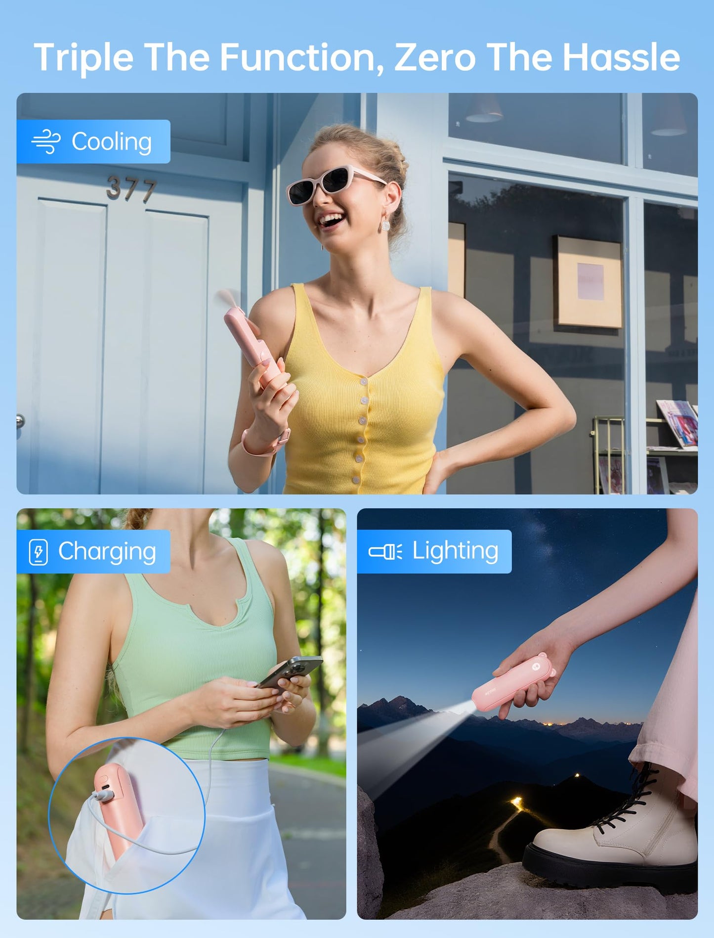 JISULIFE Handheld Mini Fan, 3 IN 1 USB Rechargeable Portable Fan [12-19 Working Hours] with Power Bank, Flashlight, Pocket Design for Travel/Summer/Concerts/Lash, Gifts for Women(Green)