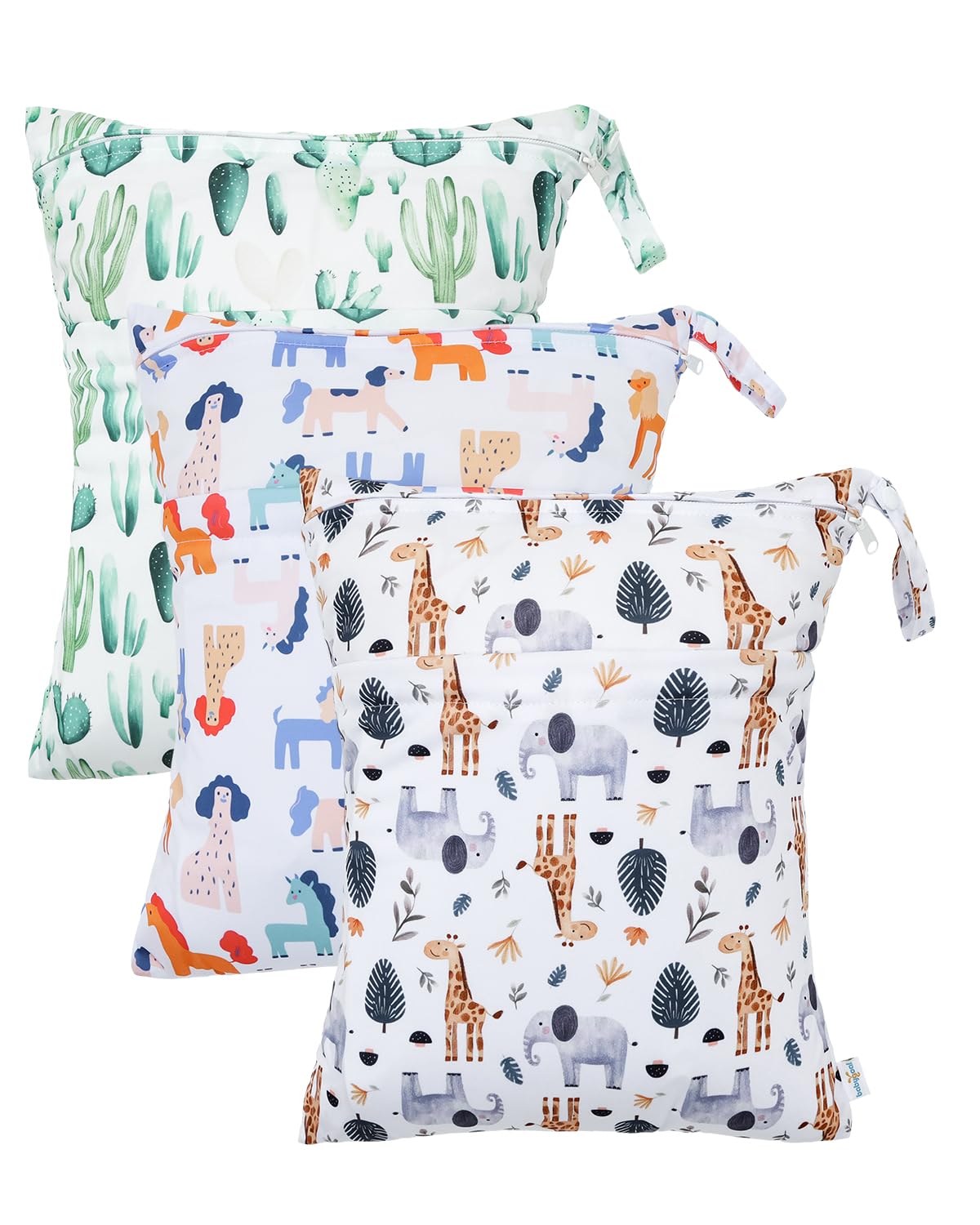 babygoal Wet Dry Bags 3 Pack, Waterproof Reusable Travel Bags for Swimsuits, Baby Cloth Diapers, Beach, Pool, Gym Bag & Wet Clothes with 2 Pockets L-BWG