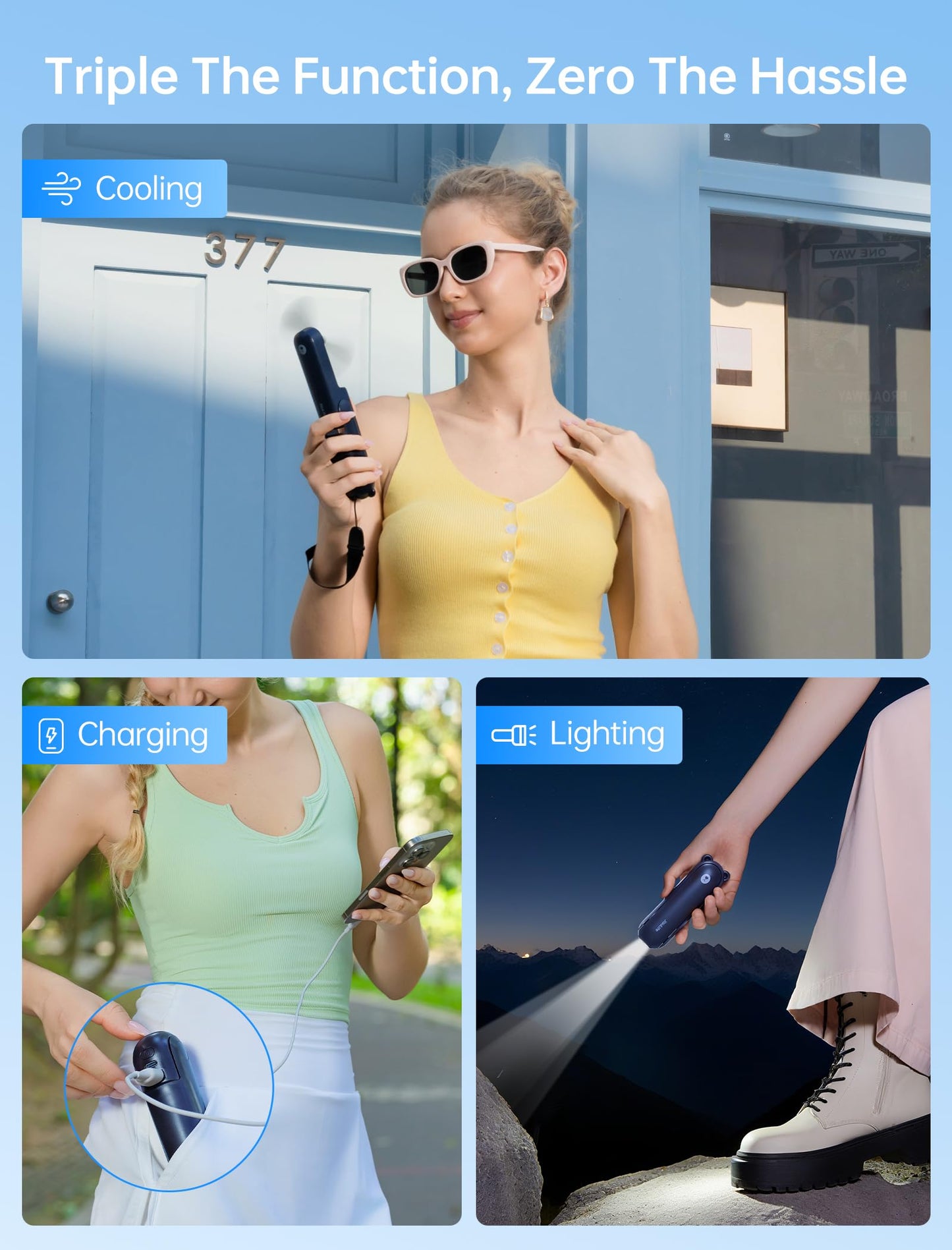 JISULIFE Handheld Mini Fan, 3 IN 1 USB Rechargeable Portable Fan [12-19 Working Hours] with Power Bank, Flashlight, Pocket Design for Travel/Summer/Concerts/Lash, Gifts for Women(Green)