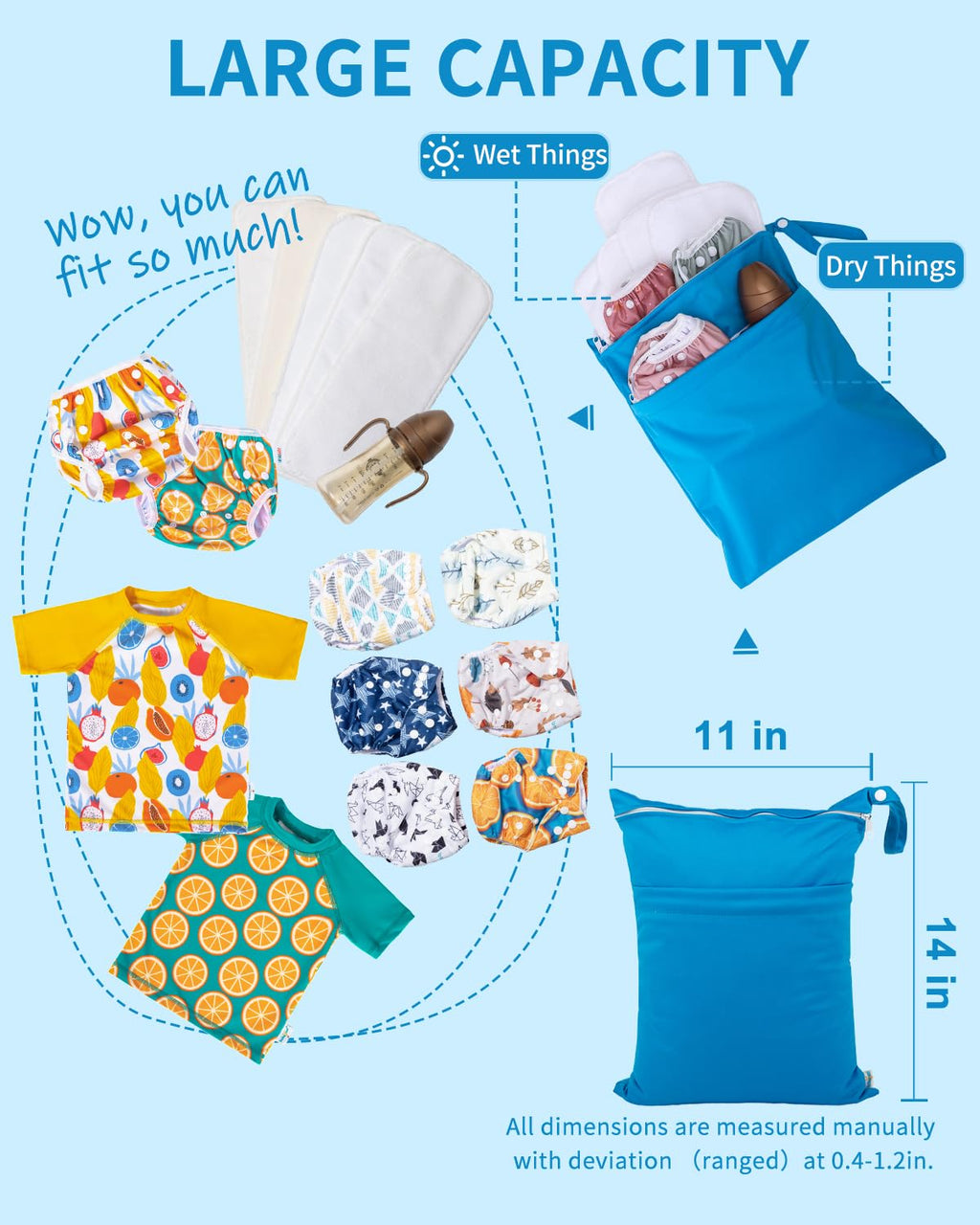 babygoal Wet Dry Bags 3 Pack, Waterproof Reusable Travel Bags for Swimsuits, Baby Cloth Diapers, Beach, Pool, Gym Bag & Wet Clothes with 2 Pockets L-BWG