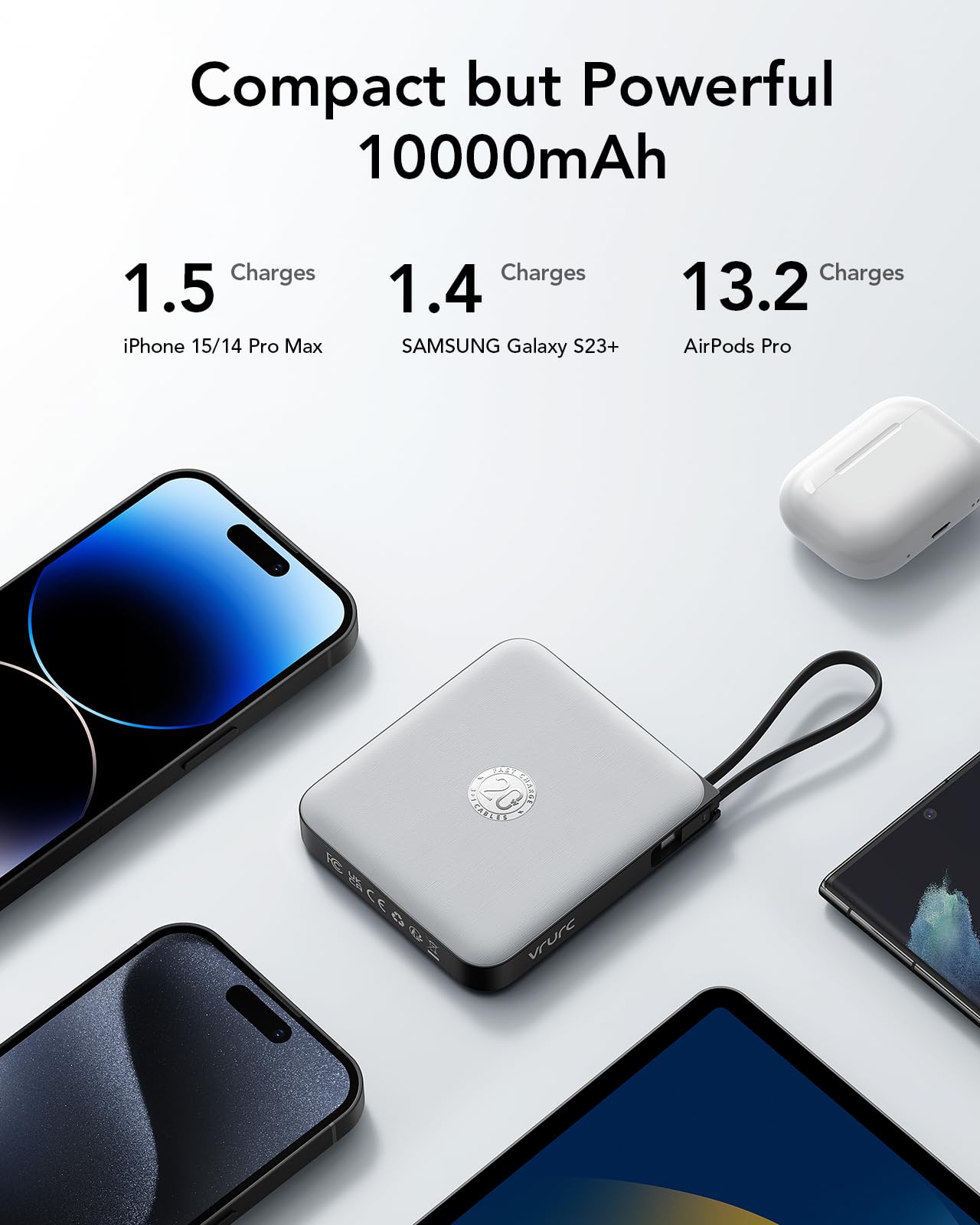 VRURC Portable Charger with Built-in Cable, 10000mAh 22.5W Fast Charging USB C Battery Pack, Cell Phone Power Bank for iPhone 17 16 15 Samsung Galaxy S25 S24 S23 Series Android Tablet, Black(1 Pack)
