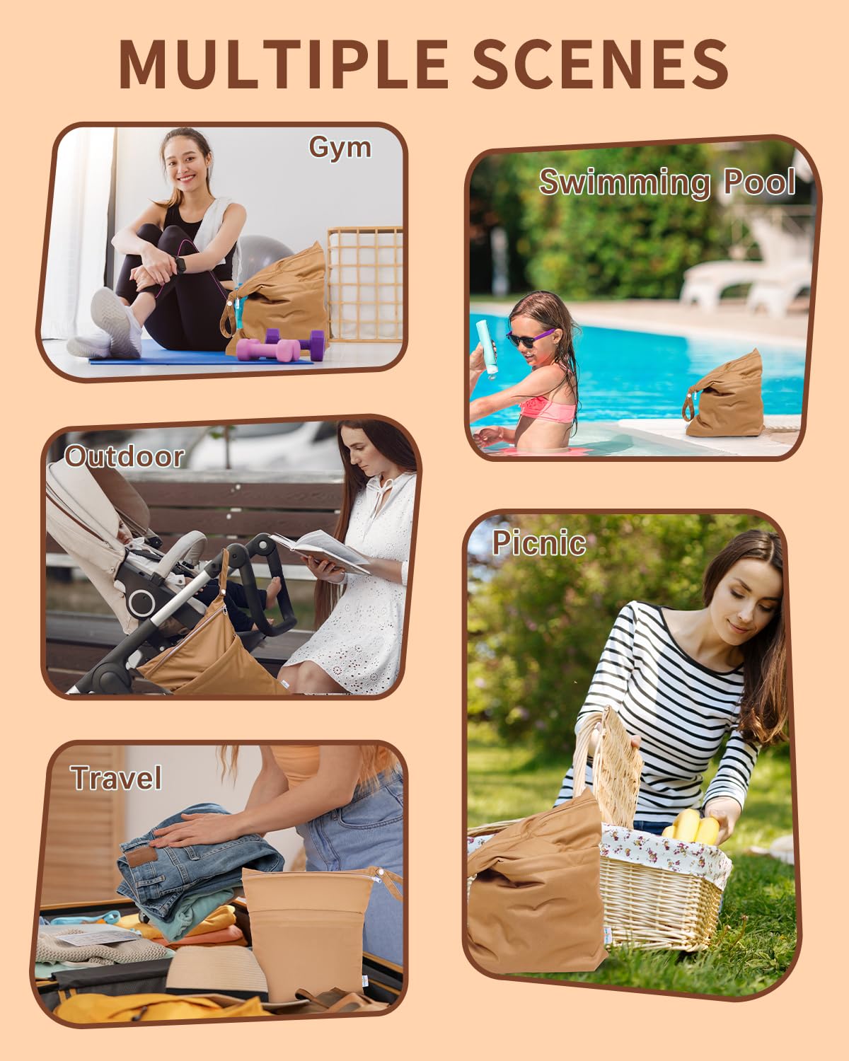 babygoal Wet Dry Bags 3 Pack, Waterproof Reusable Travel Bags for Swimsuits, Baby Cloth Diapers, Beach, Pool, Gym Bag & Wet Clothes with 2 Pockets L-BWG