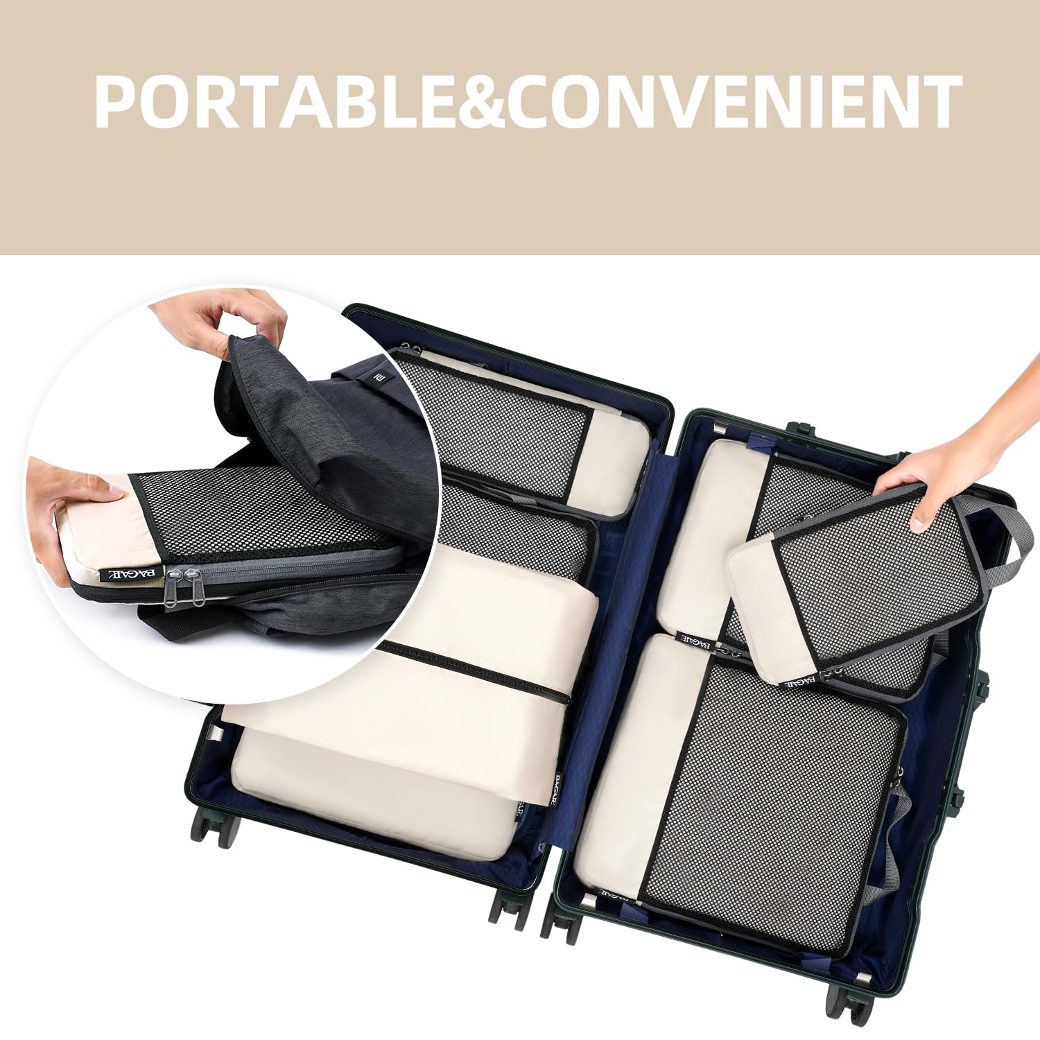 BAGAIL 4 Set/6 Set/8 Set Compression Packing Cubes Travel Accessories Expandable Packing Organizers (Half Mesh, 6-Black)