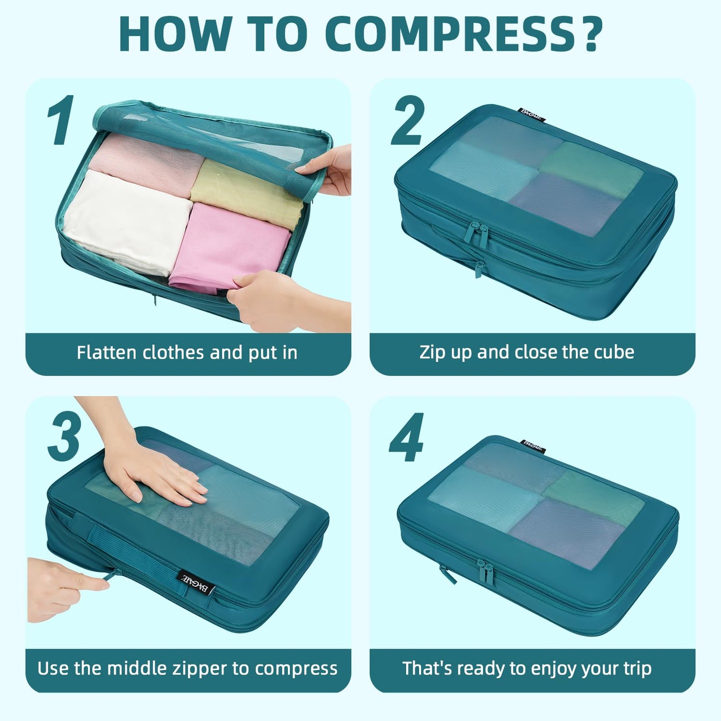 BAGAIL 4 Set/6 Set/8 Set Compression Packing Cubes Travel Accessories Expandable Packing Organizers (Half Mesh, 6-Black)