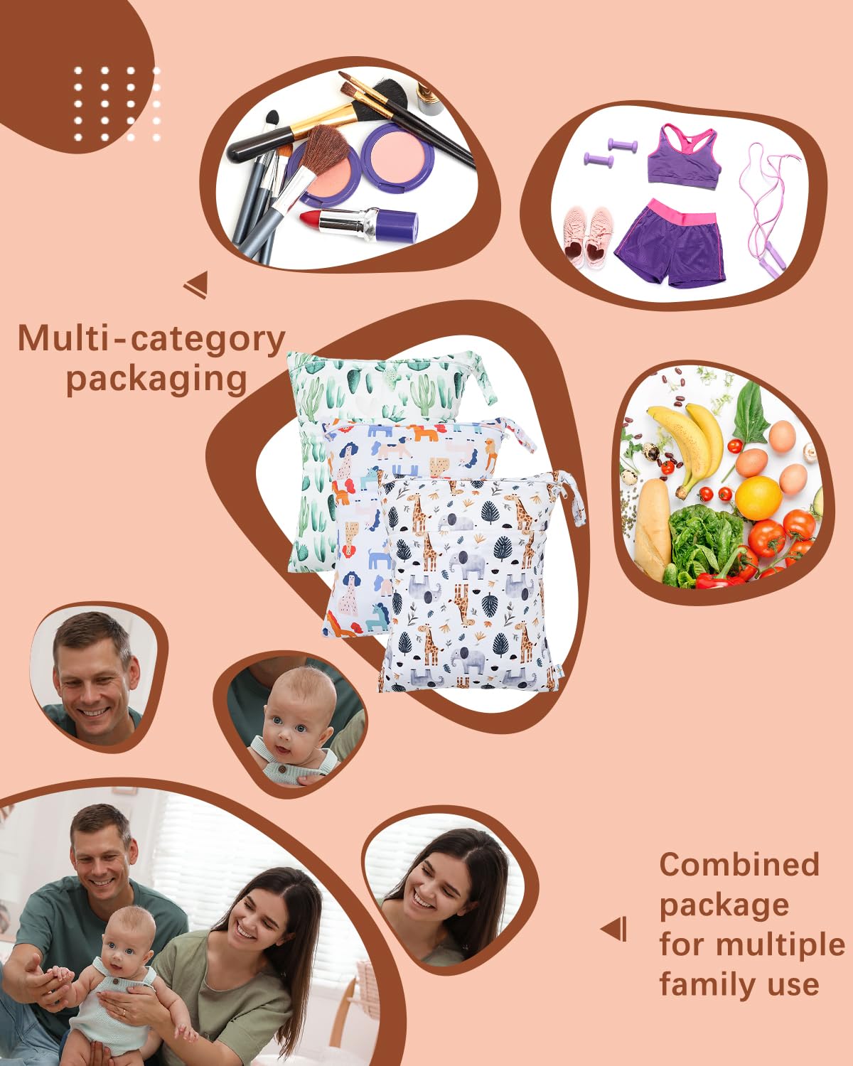 babygoal Wet Dry Bags 3 Pack, Waterproof Reusable Travel Bags for Swimsuits, Baby Cloth Diapers, Beach, Pool, Gym Bag & Wet Clothes with 2 Pockets L-BWG