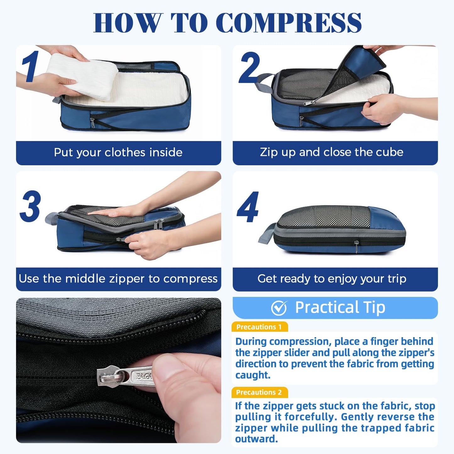 BAGAIL 4 Set/6 Set/8 Set Compression Packing Cubes Travel Accessories Expandable Packing Organizers (Half Mesh, 6-Black)