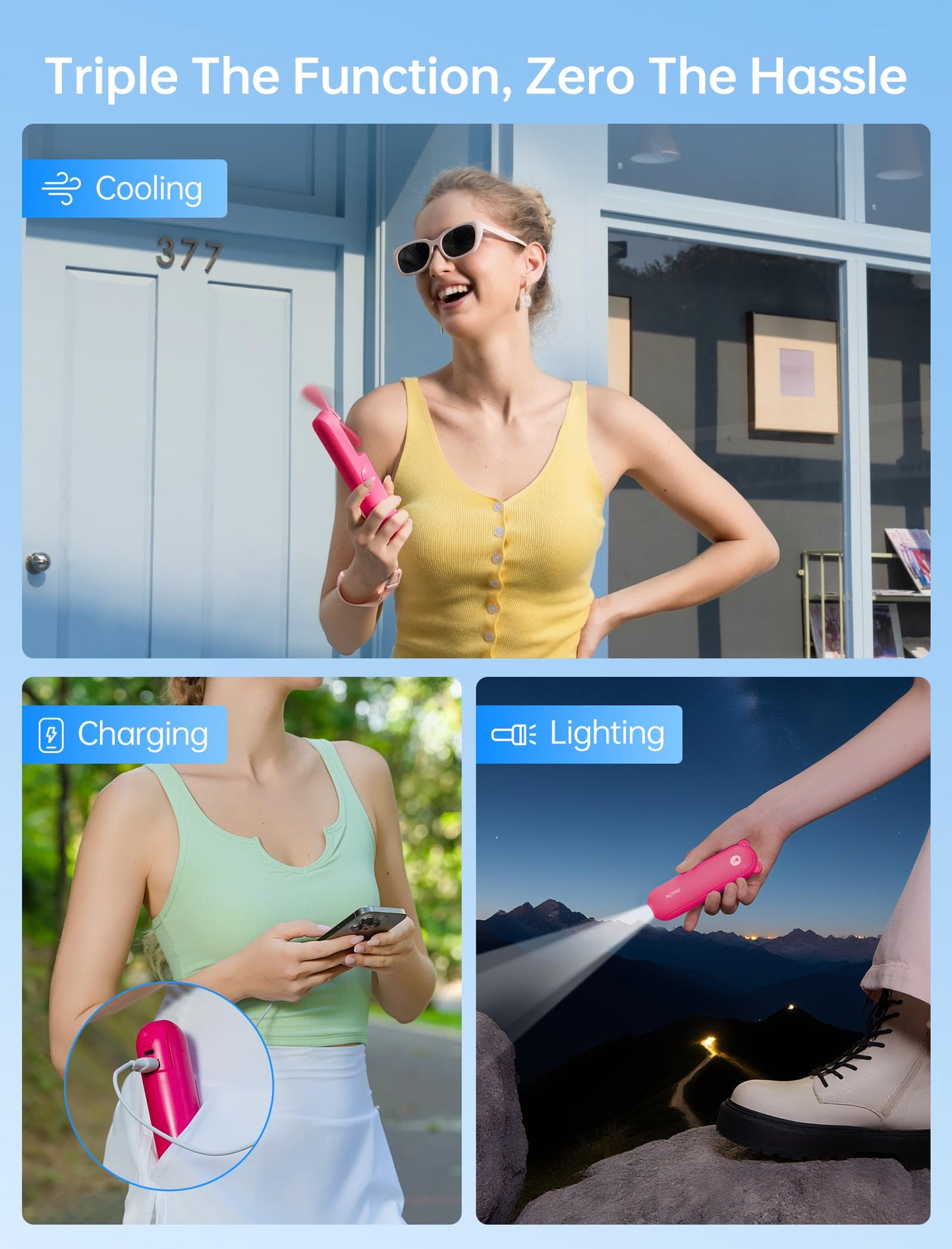 JISULIFE Handheld Mini Fan, 3 IN 1 USB Rechargeable Portable Fan [12-19 Working Hours] with Power Bank, Flashlight, Pocket Design for Travel/Summer/Concerts/Lash, Gifts for Women(Green)