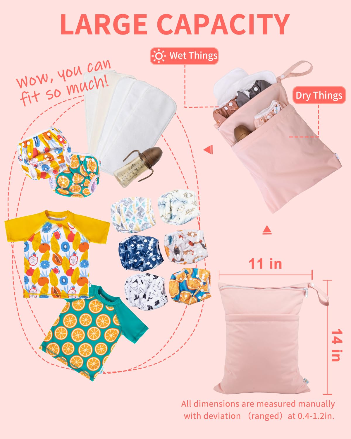 babygoal Wet Dry Bags 3 Pack, Waterproof Reusable Travel Bags for Swimsuits, Baby Cloth Diapers, Beach, Pool, Gym Bag & Wet Clothes with 2 Pockets L-BWG