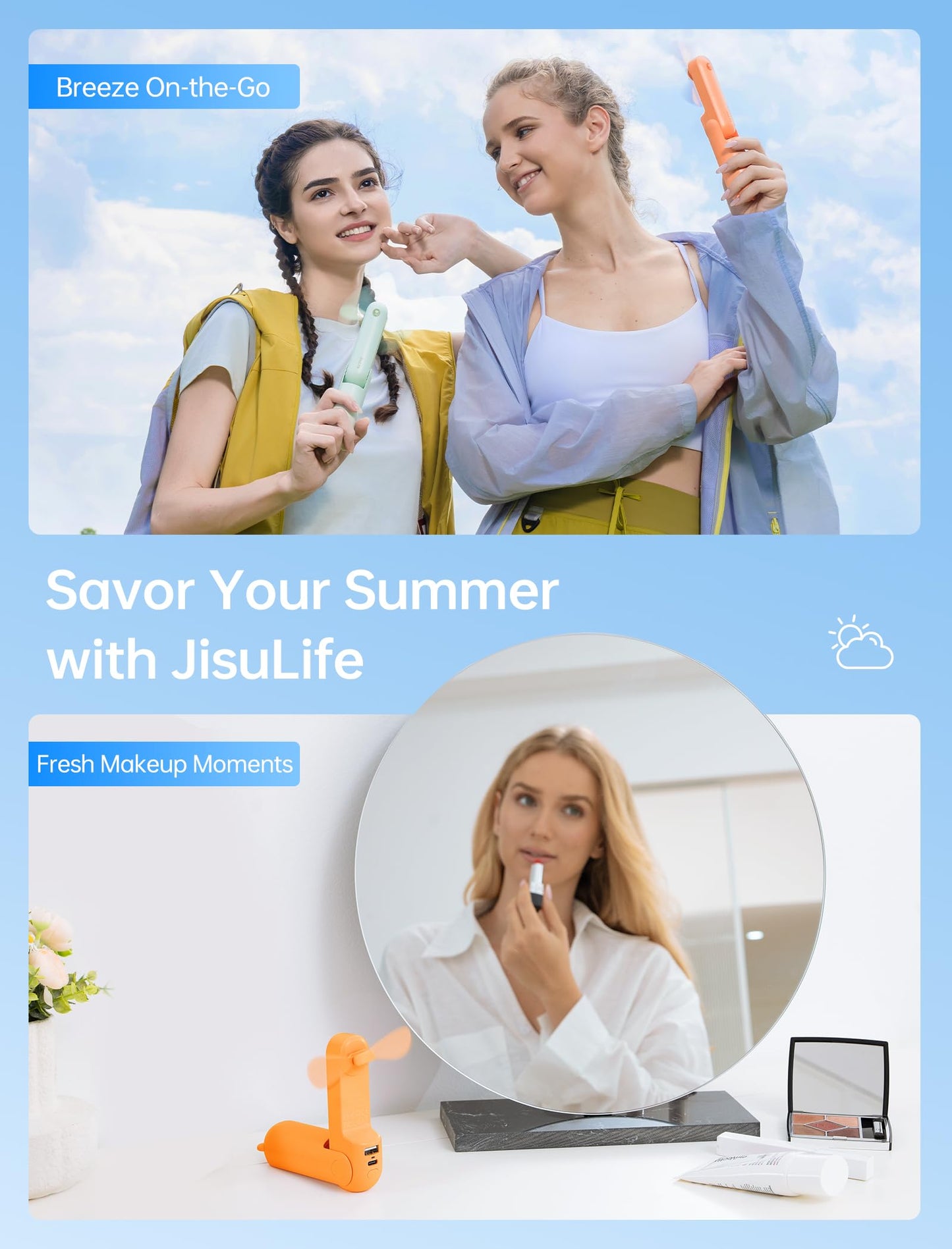 JISULIFE Handheld Mini Fan, 3 IN 1 USB Rechargeable Portable Fan [12-19 Working Hours] with Power Bank, Flashlight, Pocket Design for Travel/Summer/Concerts/Lash, Gifts for Women(Green)