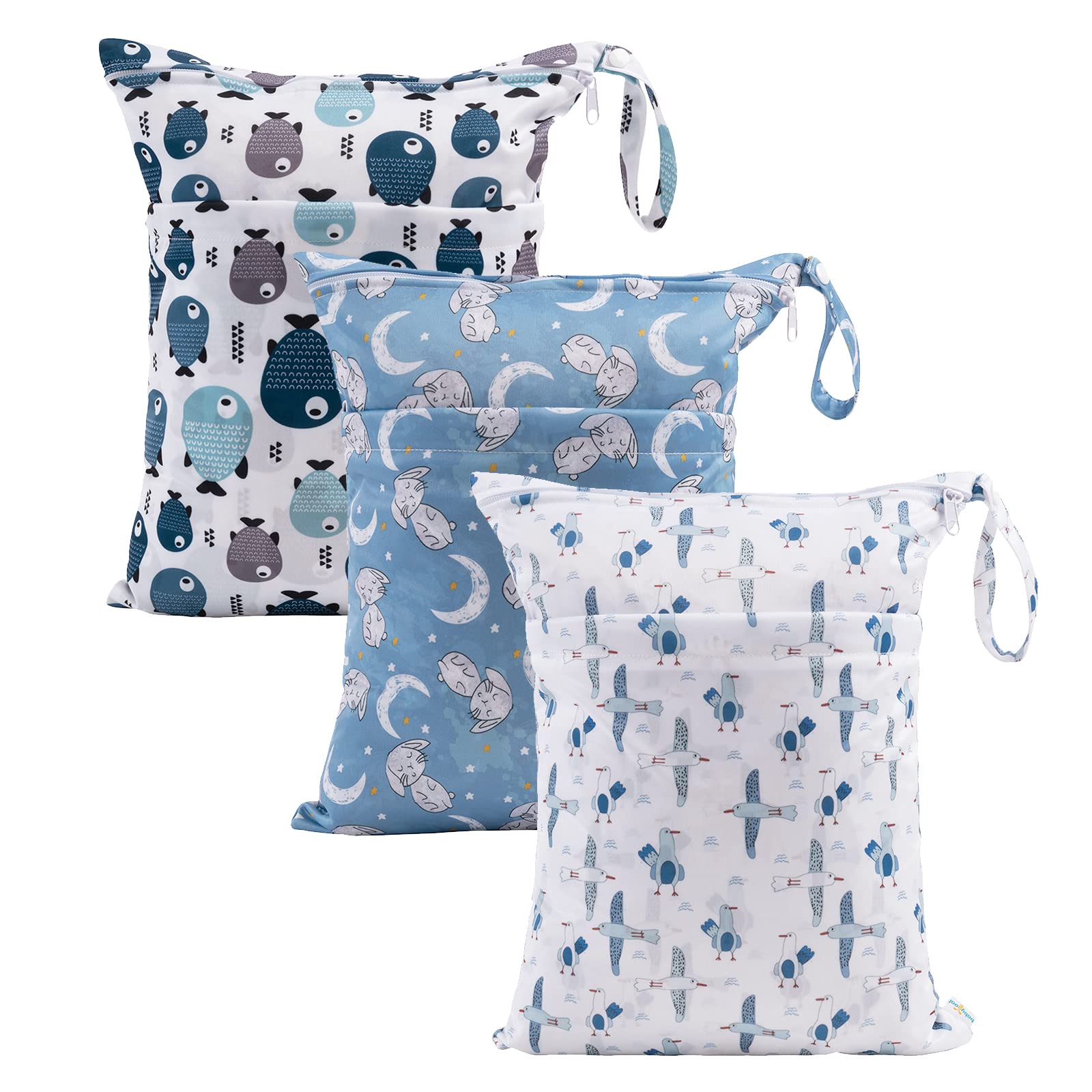 babygoal Wet Dry Bags 3 Pack, Waterproof Reusable Travel Bags for Swimsuits, Baby Cloth Diapers, Beach, Pool, Gym Bag & Wet Clothes with 2 Pockets L-BWG