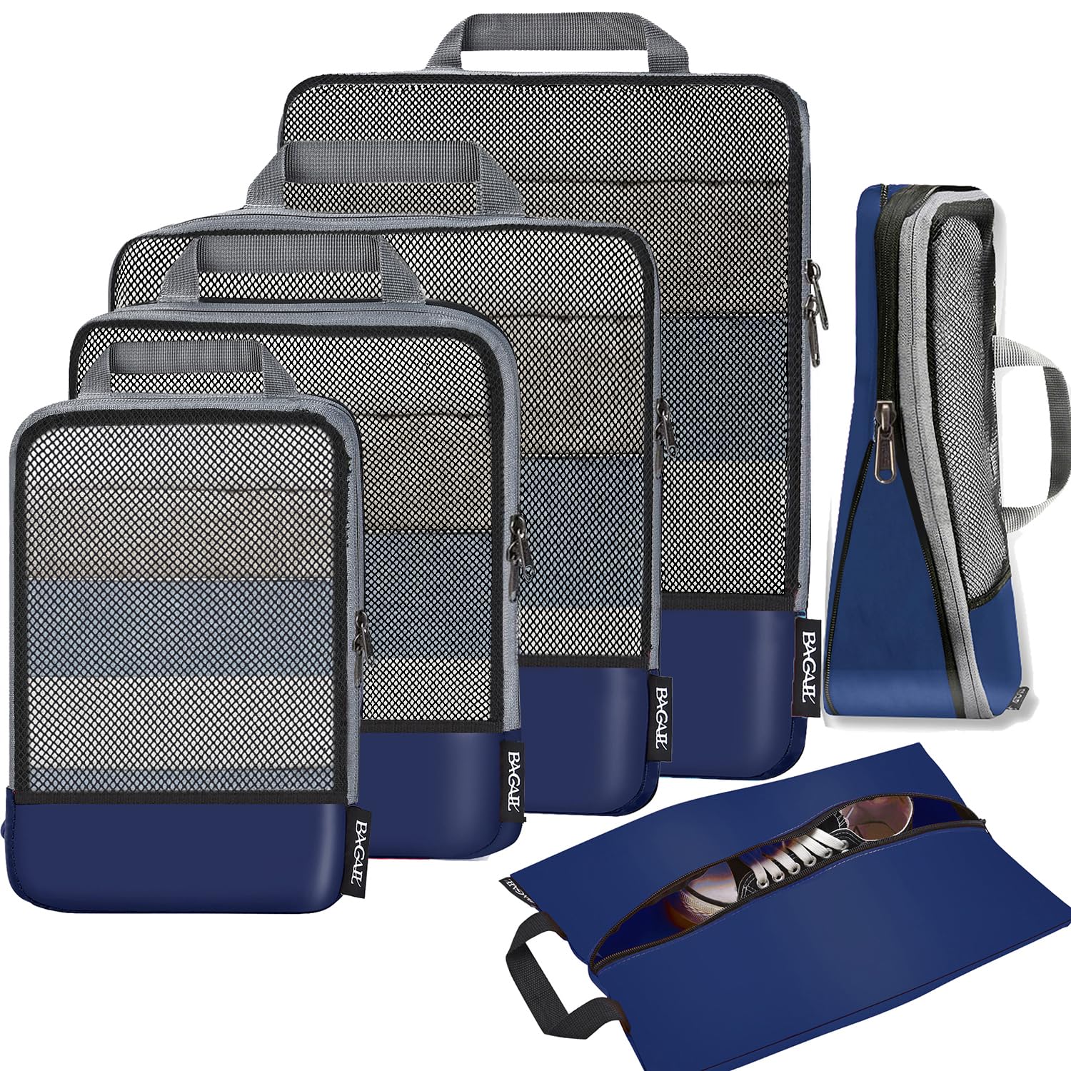 BAGAIL 4 Set/6 Set/8 Set Compression Packing Cubes Travel Accessories Expandable Packing Organizers (Half Mesh, 6-Black)