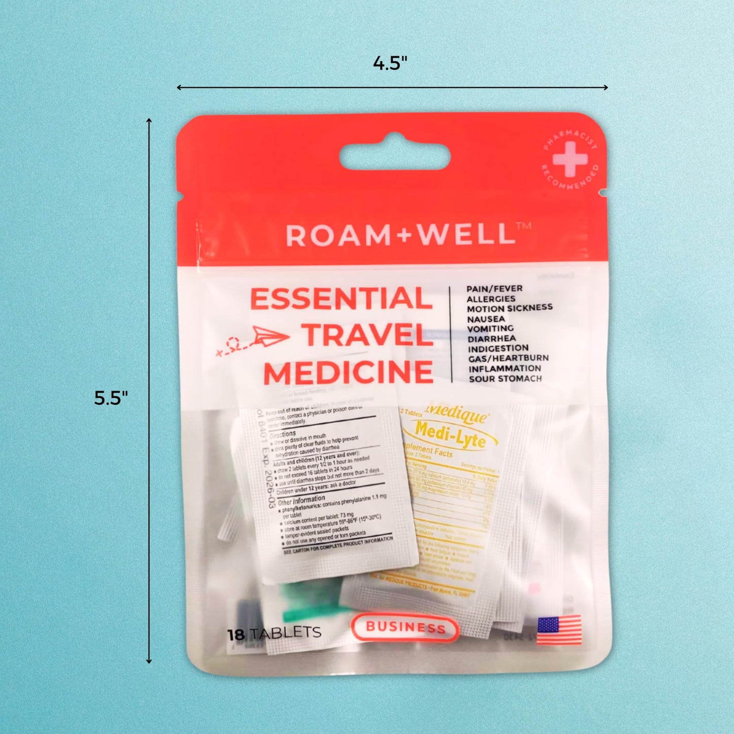 Essential Travel Medicine Kit, OTC Travel Medication, TSA Approved (Business | 18 Tablets)
