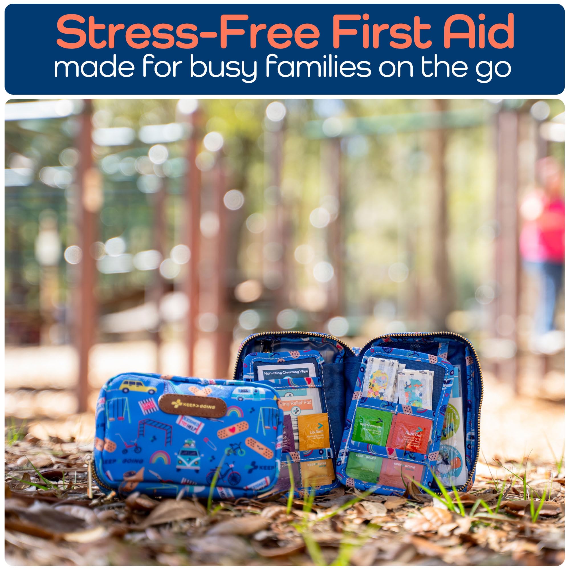 KeepGoing Travel First Aid Kit for Kids – 130 Pc. for Car, Home, Purse, Diaper Bag & Backpack with Latex-Free Bandages - Mini First Aid Kit Travel Size TSA-Approved
