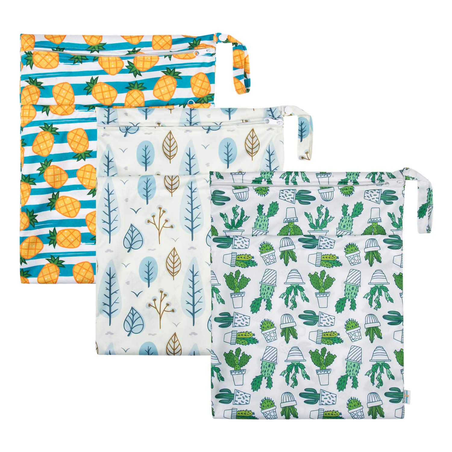 babygoal Wet Dry Bags 3 Pack, Waterproof Reusable Travel Bags for Swimsuits, Baby Cloth Diapers, Beach, Pool, Gym Bag & Wet Clothes with 2 Pockets L-BWG