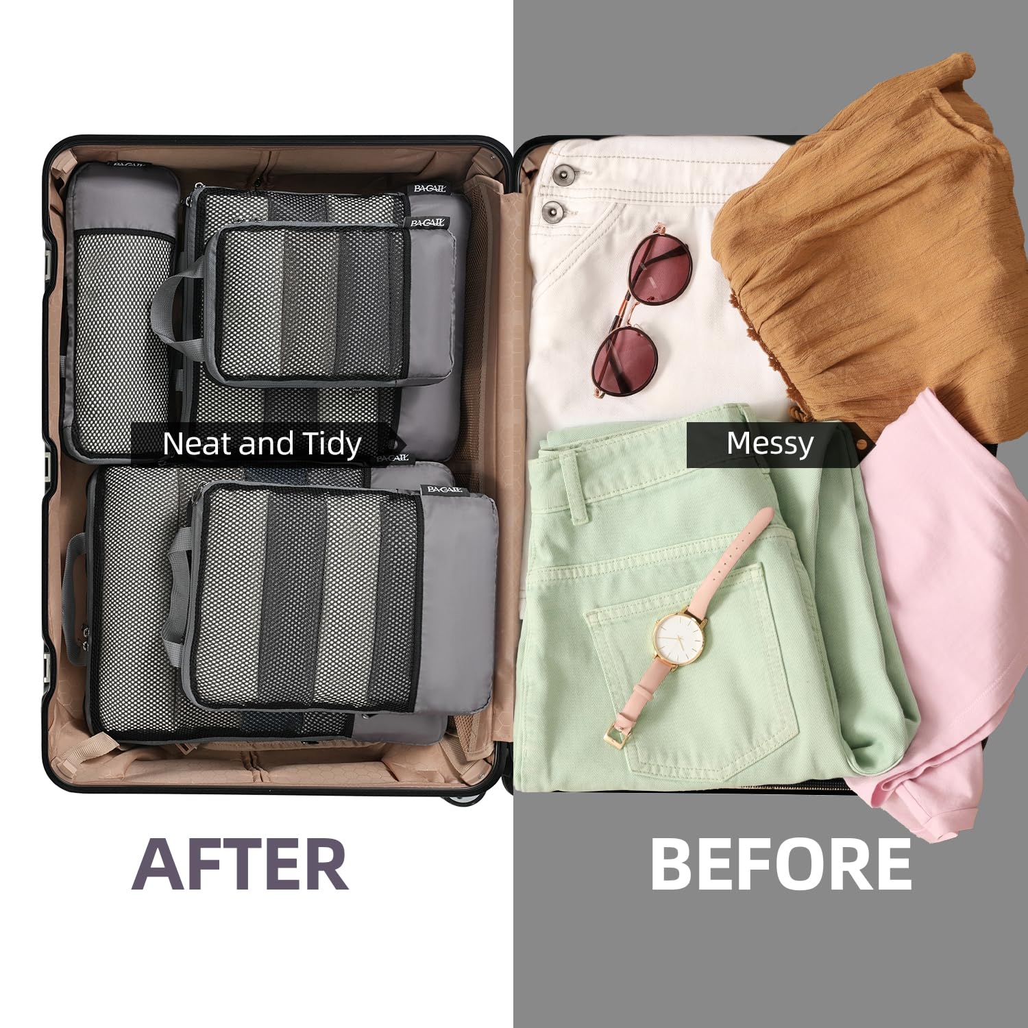 BAGAIL 4 Set/6 Set/8 Set Compression Packing Cubes Travel Accessories Expandable Packing Organizers (Half Mesh, 6-Black)