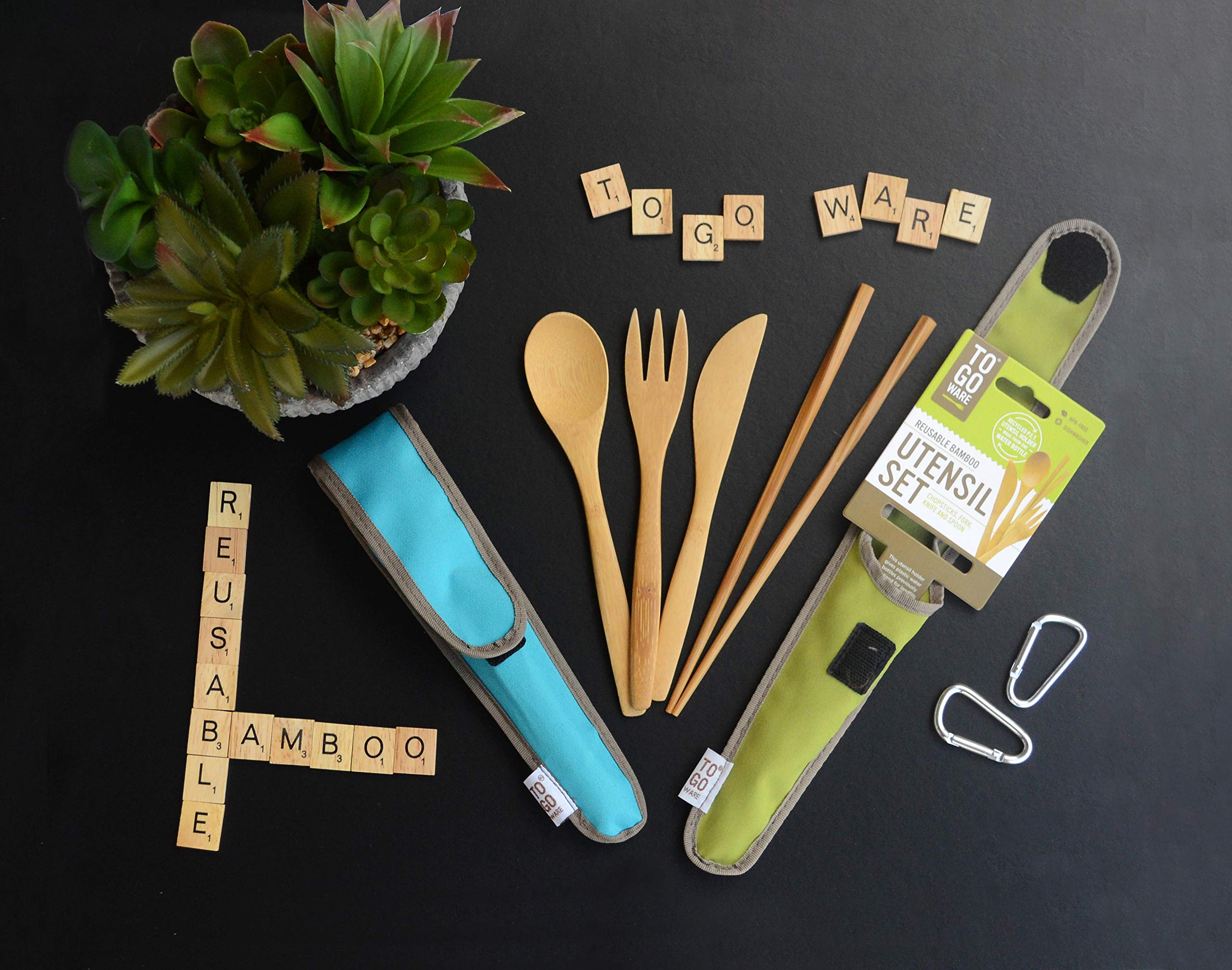 To Go Ware To Go Ware Reusable Bamboo Travel Utensils with Carrying Case & Carabiner Clip | Bamboo Utensils | Eco Friendly