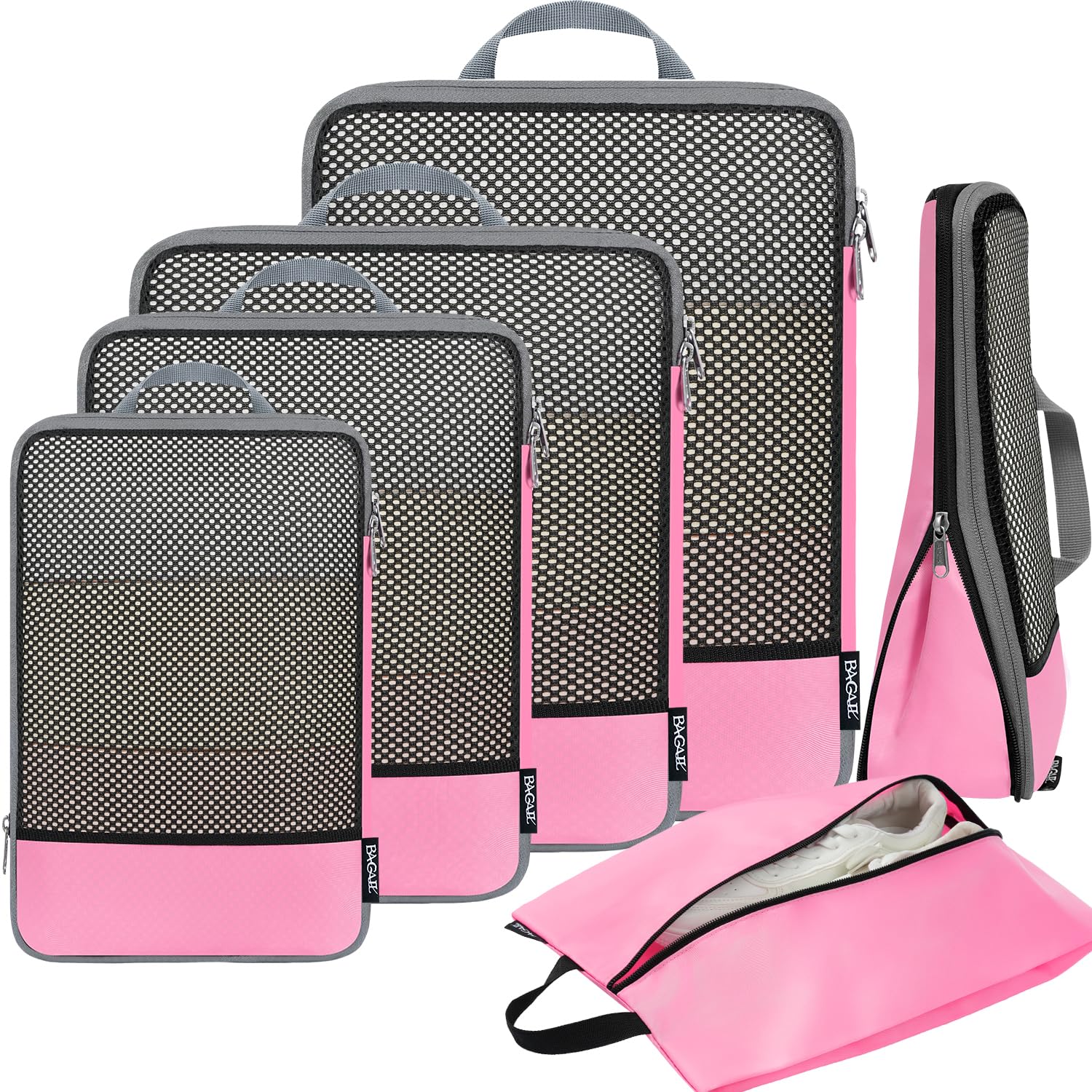 BAGAIL 4 Set/6 Set/8 Set Compression Packing Cubes Travel Accessories Expandable Packing Organizers (Half Mesh, 6-Black)