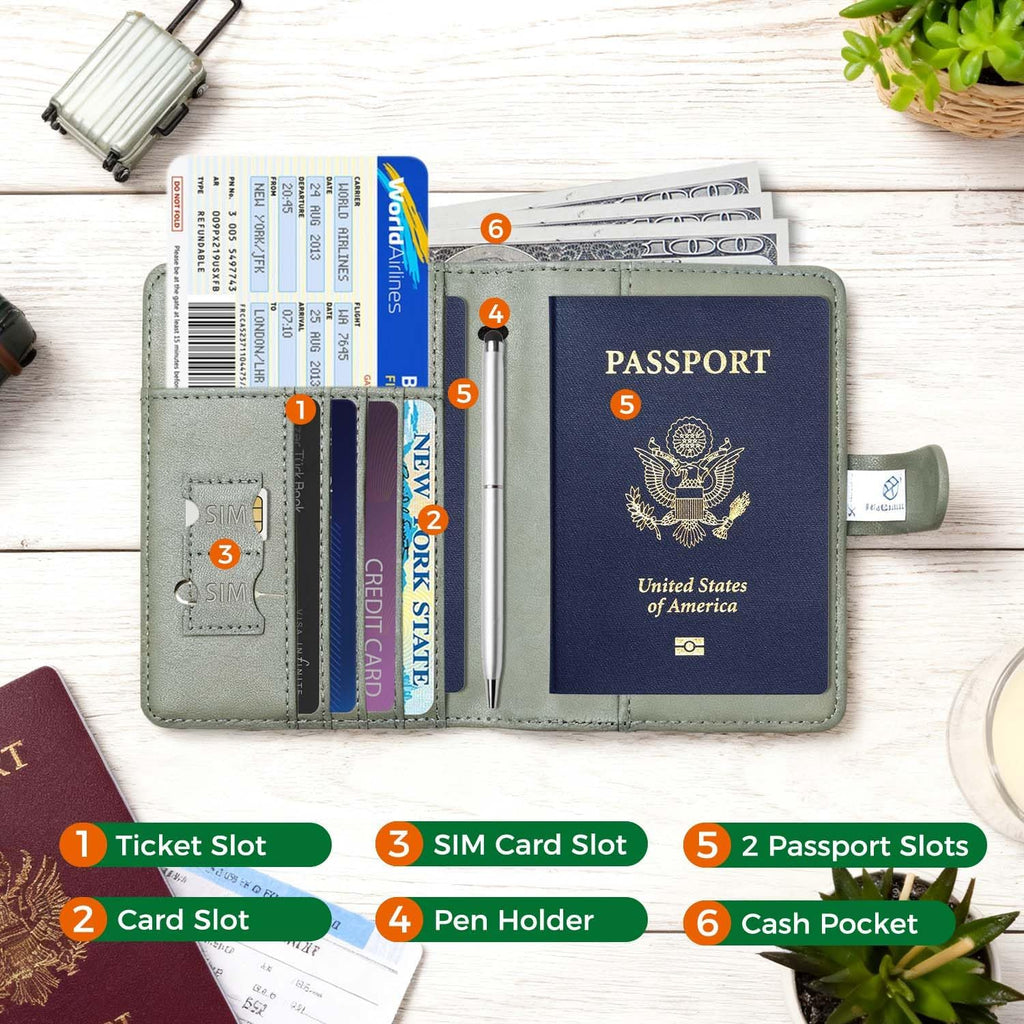 Melsbrinna Premium Leather Passport Holder Covers Case, Waterproof Rfid Blocking Travel Wallet Passport Holder with Pen Holder, Cute Passport Book for Women/Men