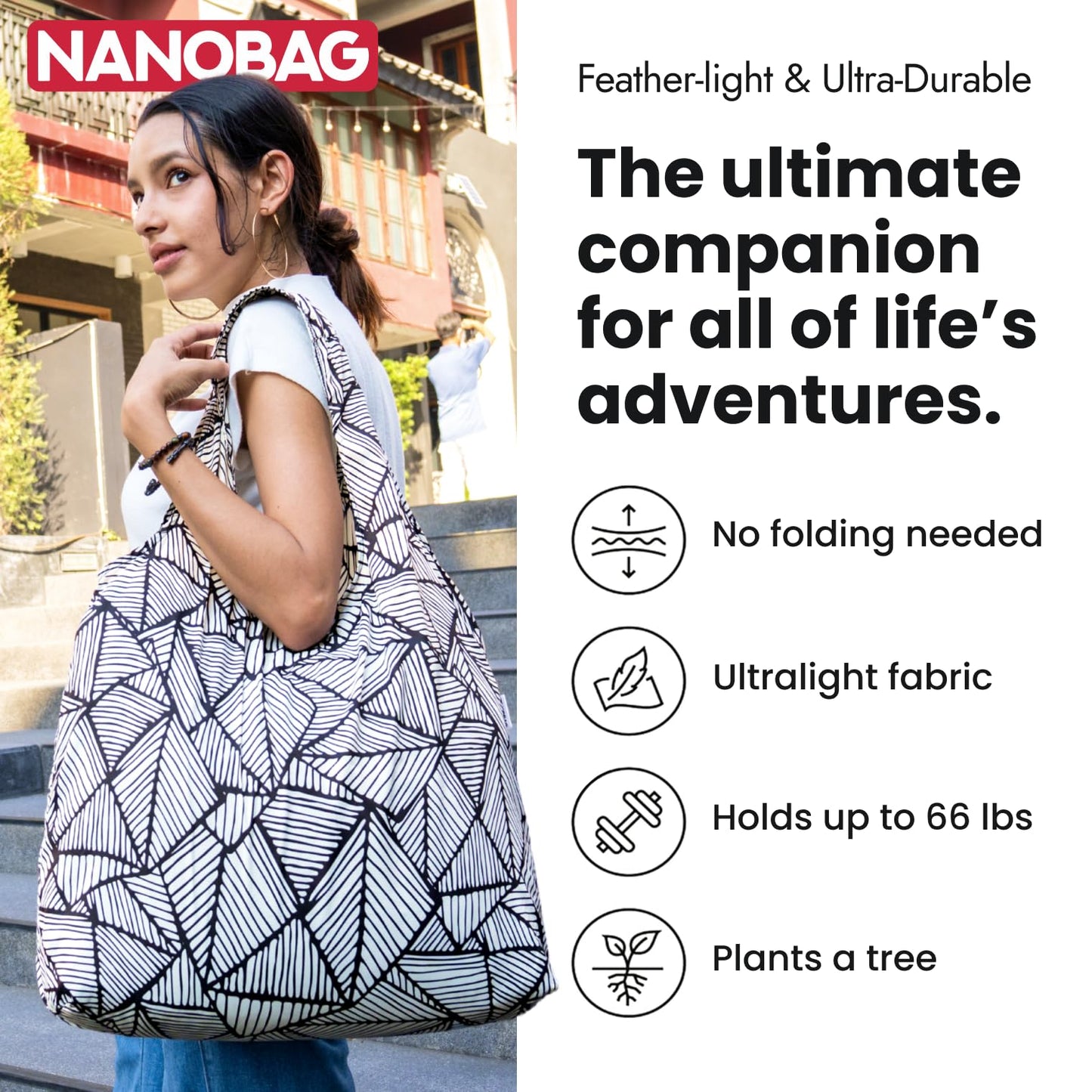 Nanobag Ultra-Lightweight Foldable Tote for Women & Men, Reusable Grocery & Travel Bag, Packable Collapsible Compact Market Essential (Standard Black)