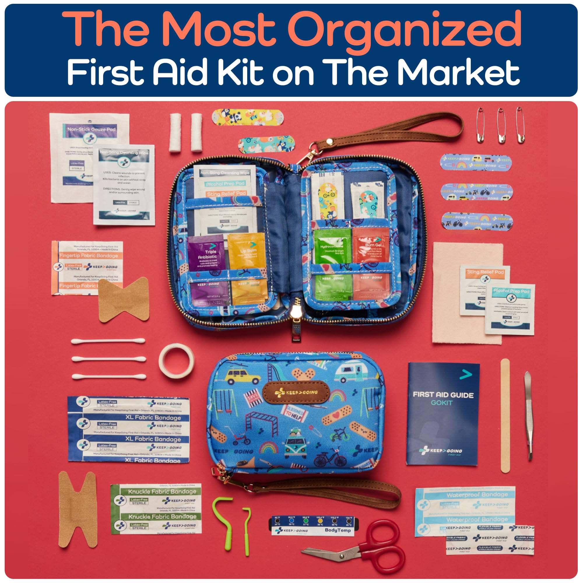 KeepGoing Travel First Aid Kit for Kids – 130 Pc. for Car, Home, Purse, Diaper Bag & Backpack with Latex-Free Bandages - Mini First Aid Kit Travel Size TSA-Approved