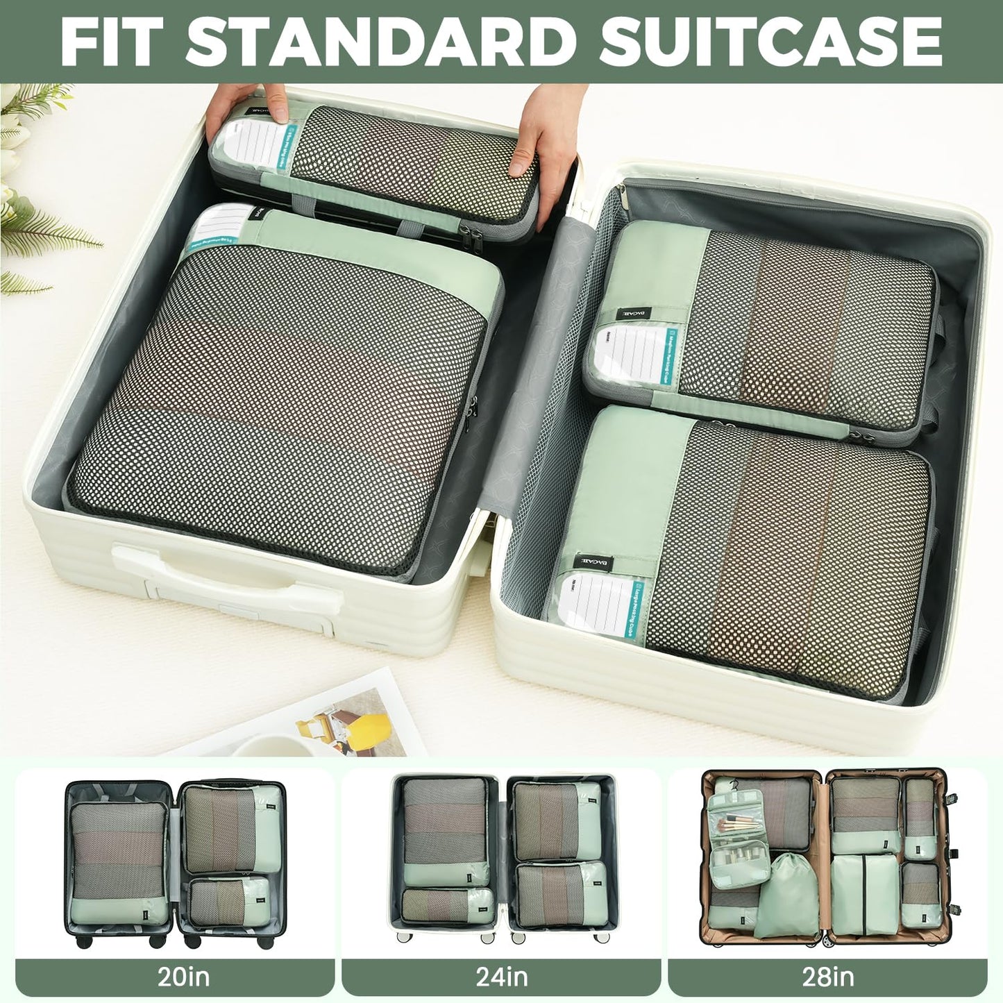 BAGAIL 4 Set/6 Set/8 Set Compression Packing Cubes Travel Accessories Expandable Packing Organizers (Half Mesh, 6-Black)