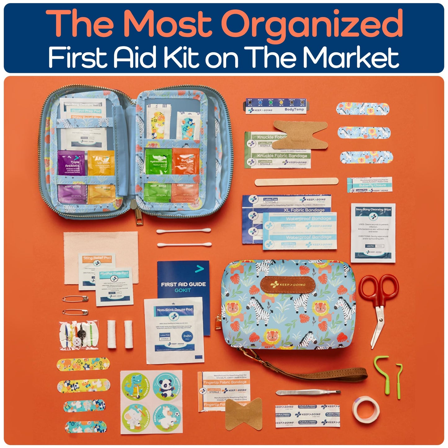 KeepGoing Travel First Aid Kit for Kids – 130 Pc. for Car, Home, Purse, Diaper Bag & Backpack with Latex-Free Bandages - Mini First Aid Kit Travel Size TSA-Approved