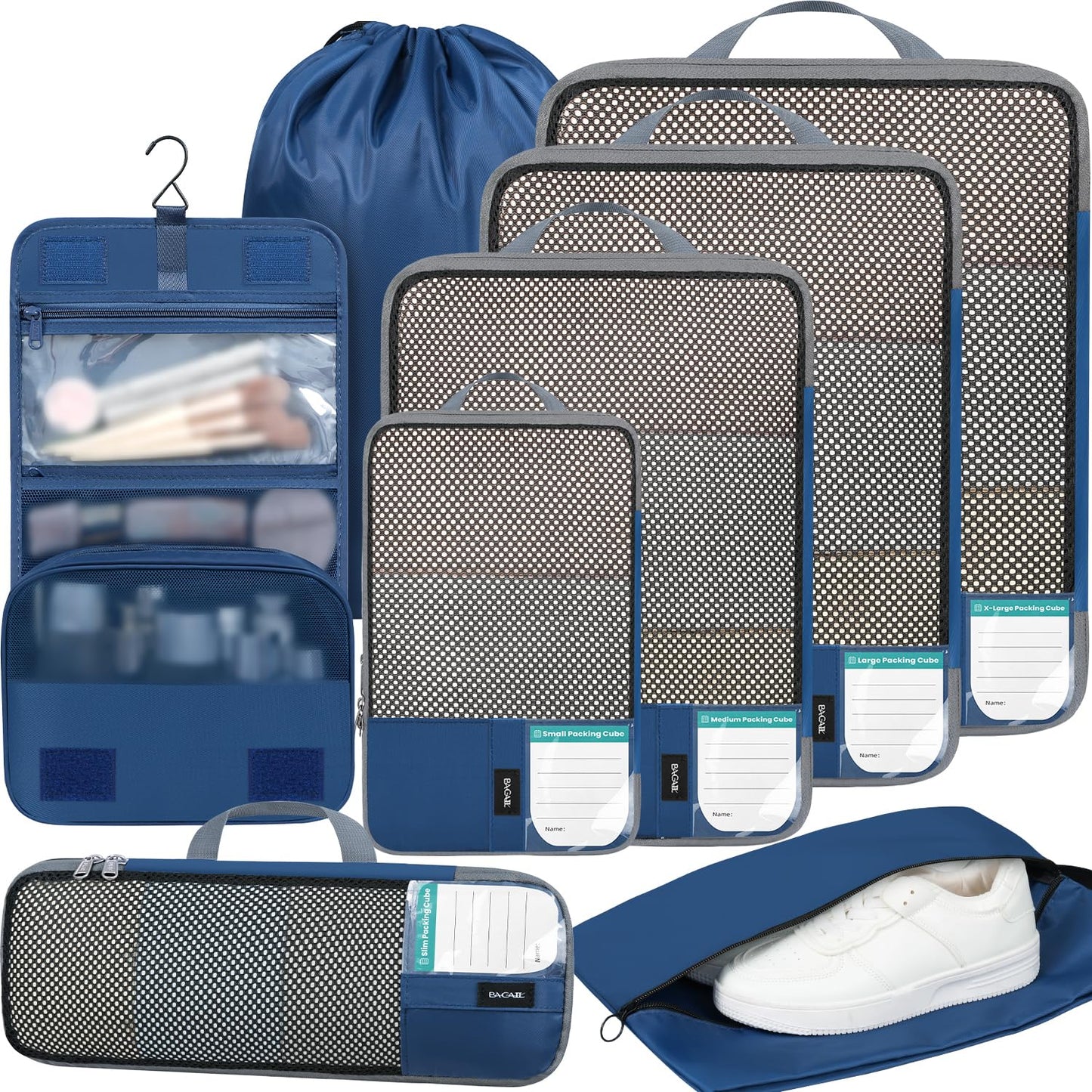 BAGAIL 4 Set/6 Set/8 Set Compression Packing Cubes Travel Accessories Expandable Packing Organizers (Half Mesh, 6-Black)