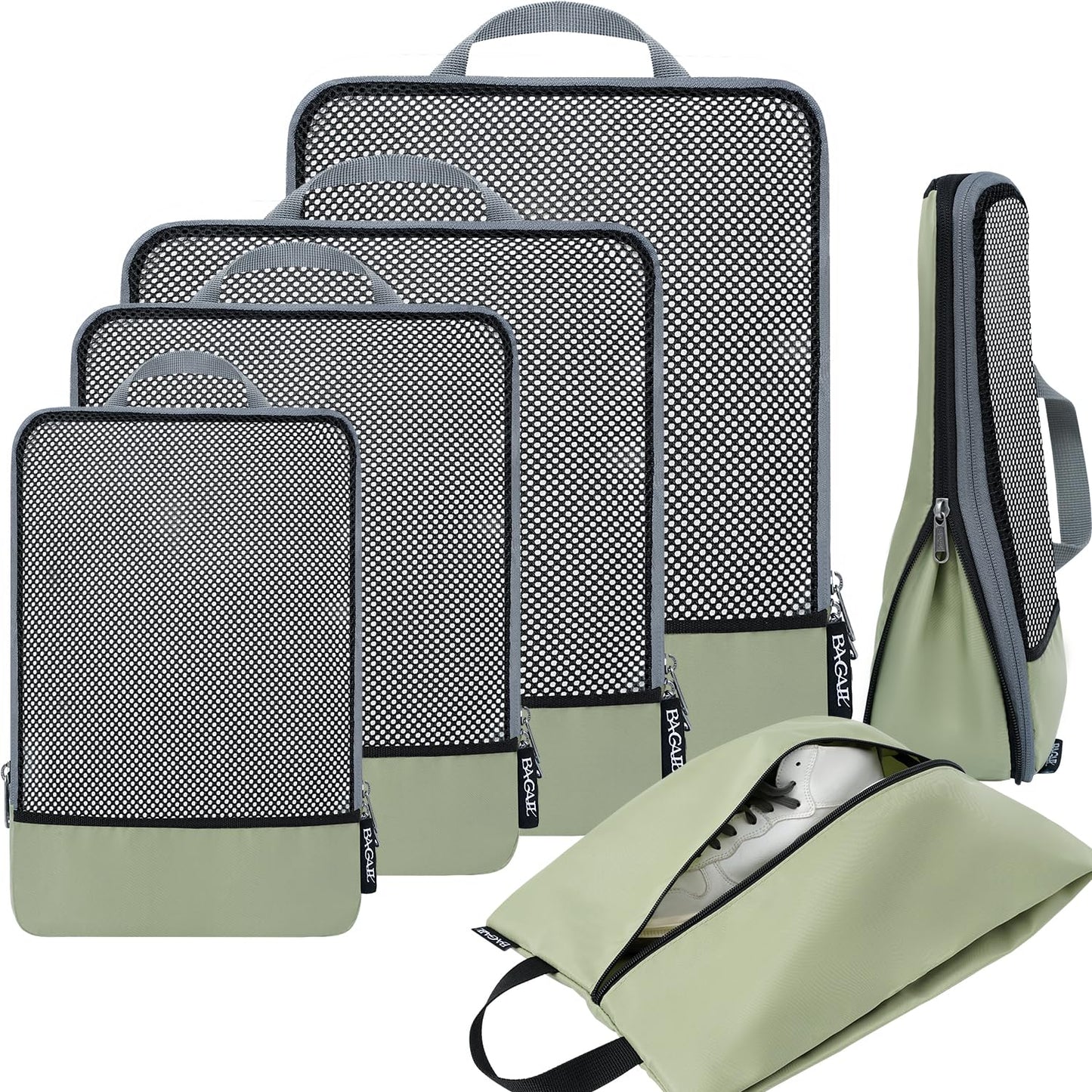 BAGAIL 4 Set/6 Set/8 Set Compression Packing Cubes Travel Accessories Expandable Packing Organizers (Half Mesh, 6-Black)