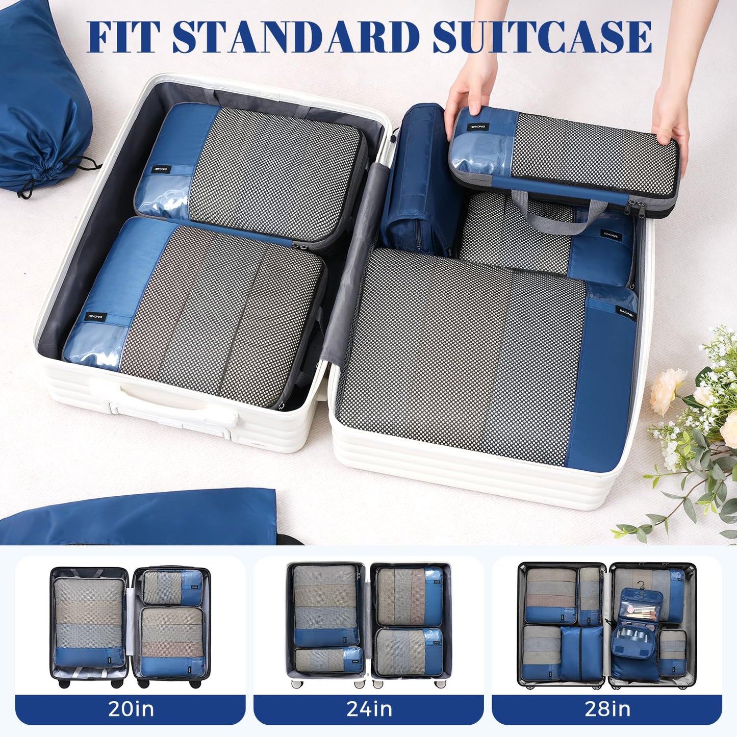 BAGAIL 4 Set/6 Set/8 Set Compression Packing Cubes Travel Accessories Expandable Packing Organizers (Half Mesh, 6-Black)